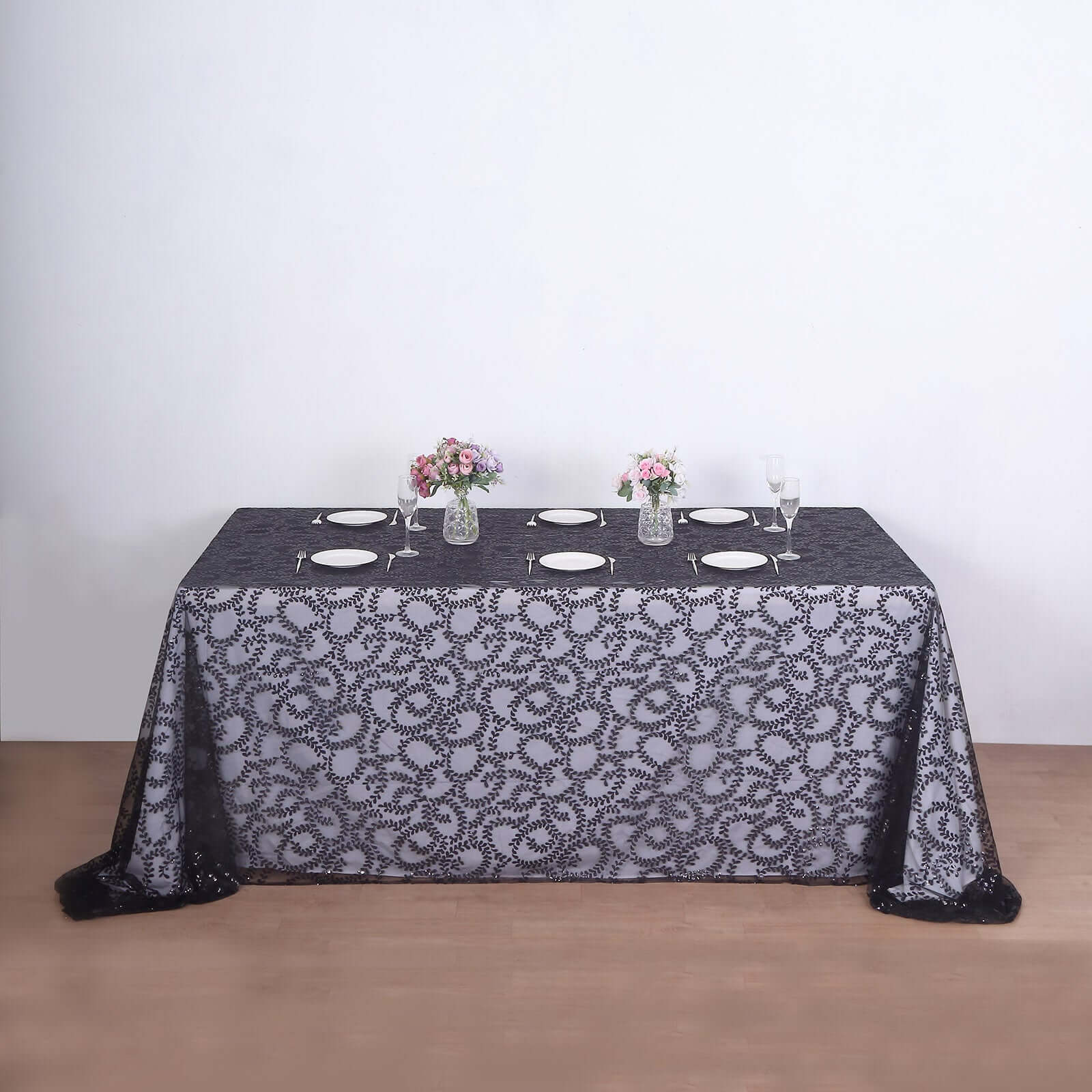 Tulle 90x156 Rectangle Tablecloth Black - Sequin Leaf Embroidered Table Cover