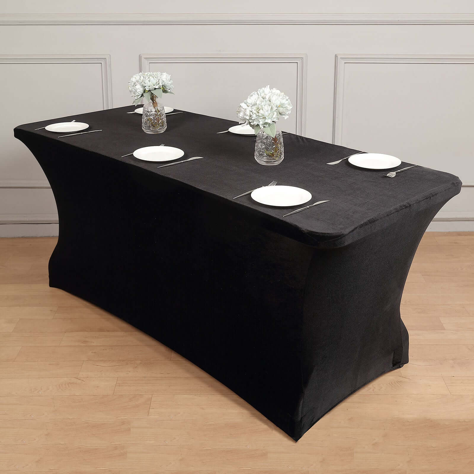 Velvet Spandex 6ft Rectangle Tablecloth Black - Fitted Wrinkle-Free Design for 72x30 Tables