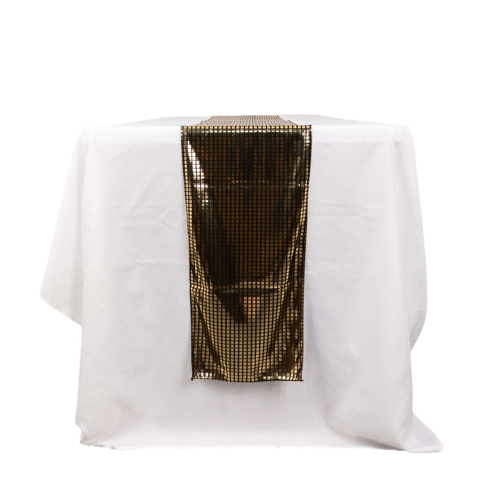 Mirror Foil Polyester 12x108 Table Runner Black with Gold Metallic Square - Shiny Disco Theme Party Table Decor