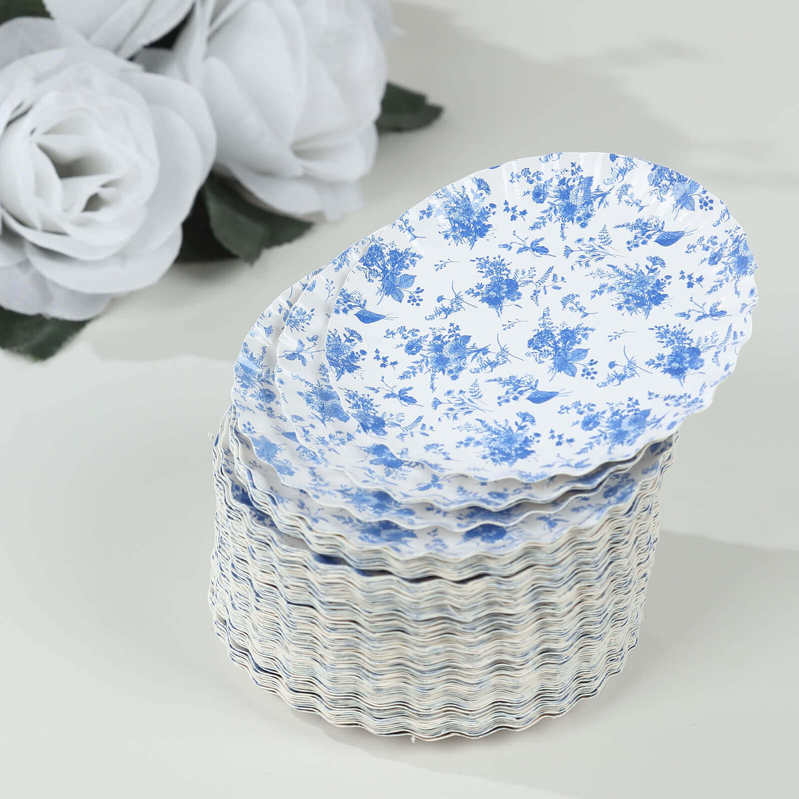 100-Pack Paper 3.5 Round Plates in White with Blue French Toile Design & Scalloped Rim - Disposable Mini 250GSM Dessert Party Plates for Tapas, Appetizers & Finger Foods