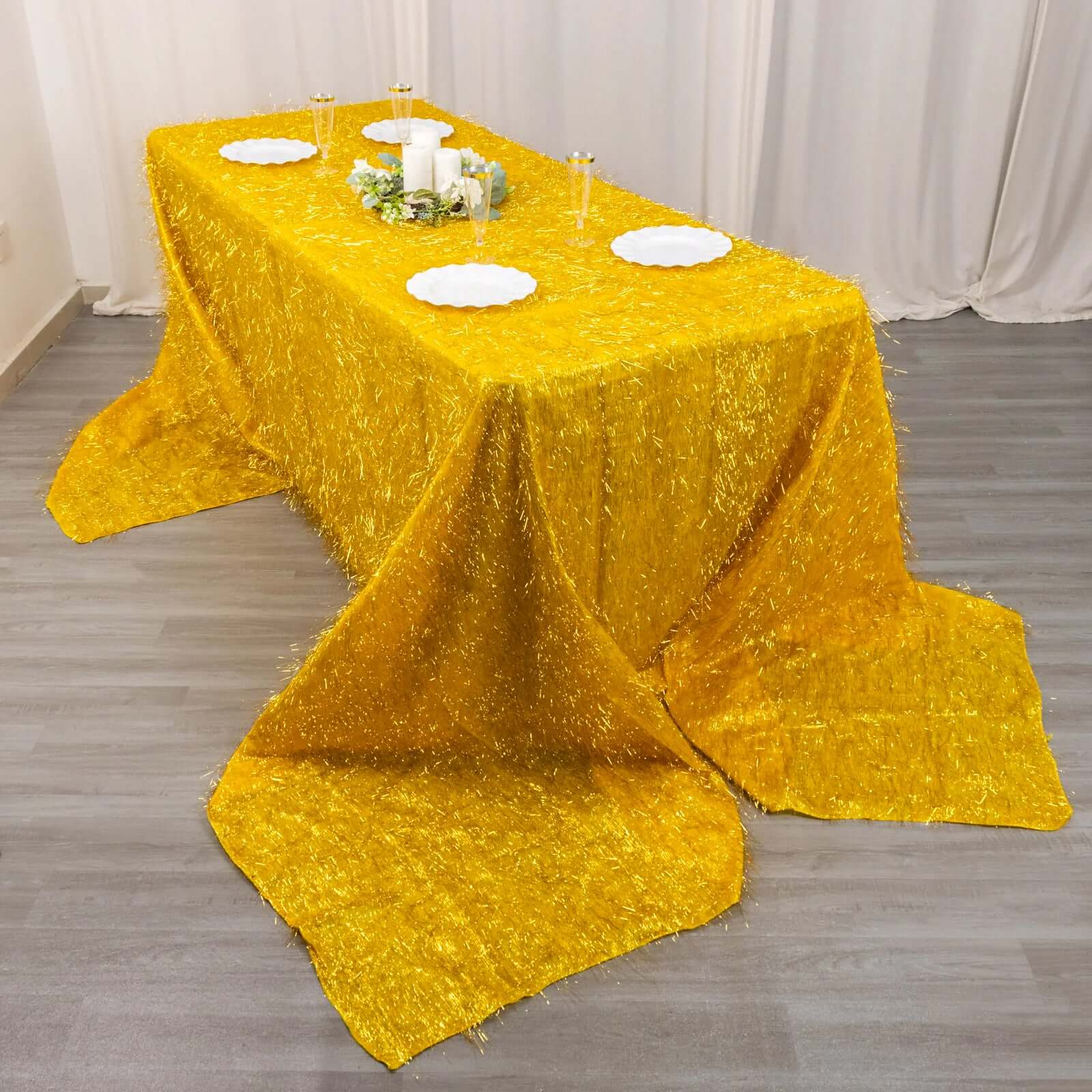 Polyester 90x156 Rectangle Tablecloth Gold Metallic Fringe Shag Tinsel Design Table Cover for Events Decor