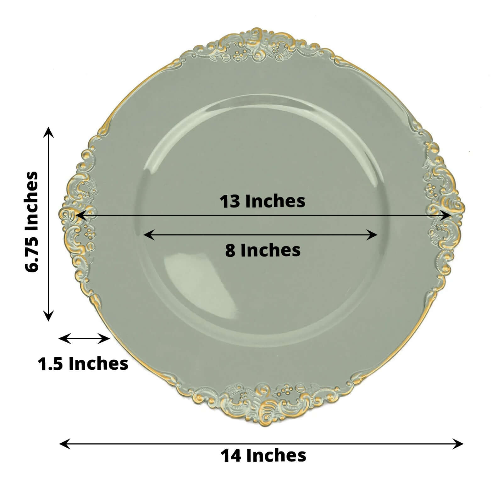 6-Pack Acrylic Round Charger Plates 13 in Dusty Sage Green with Gold Embossed Baroque Rim, Antique Decorative Dinner Party Charger Tableware