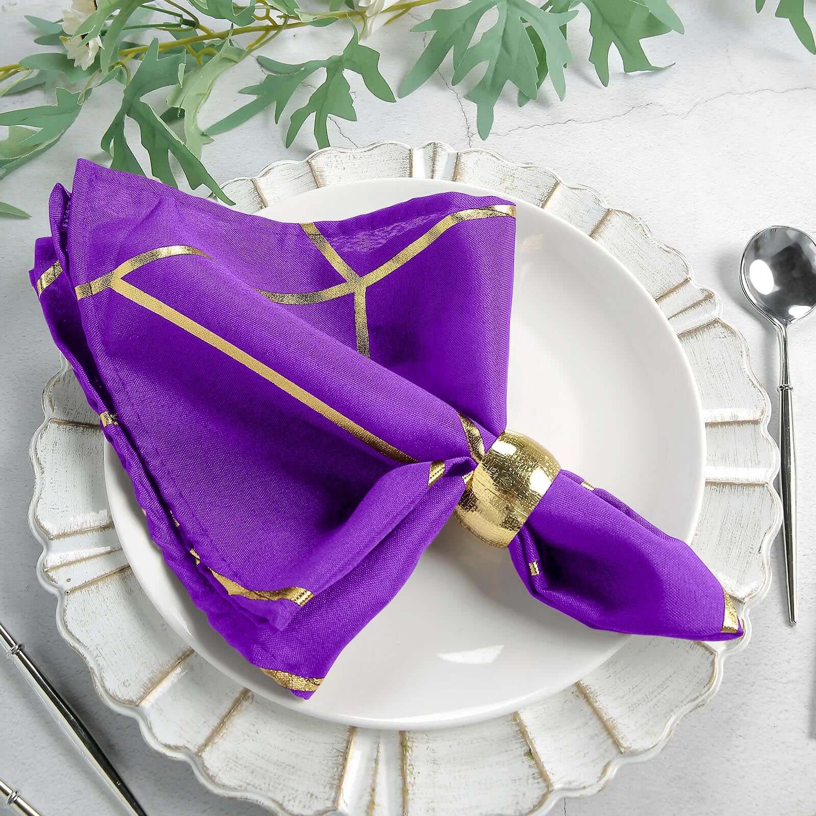 5 Pack Polyester 20x20 Napkins Purple with Gold Geometric Foil Pattern - Modern Reusable Dinner Napkins