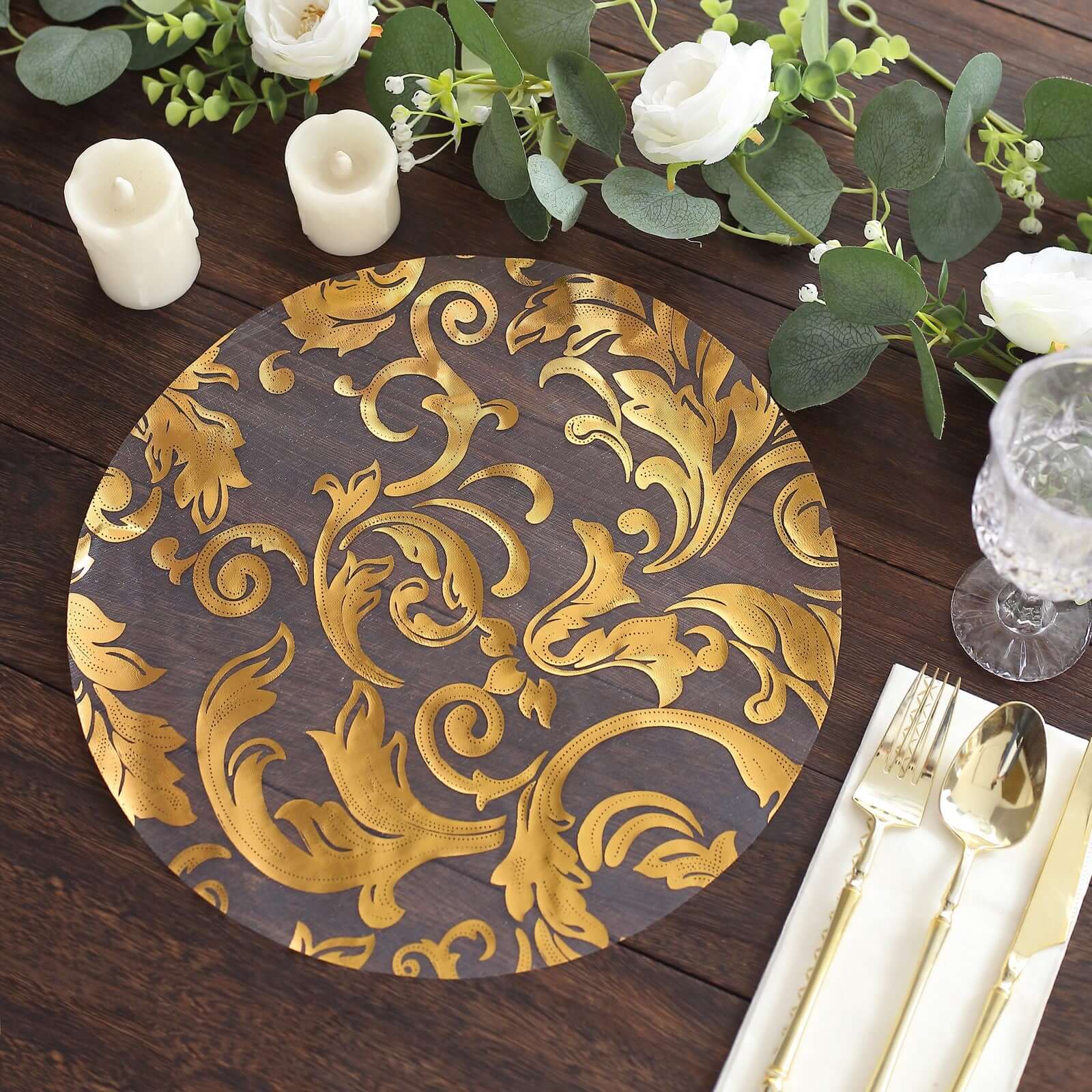 10-Pack Table Placemats Swirl Foil Floral Design Metallic Gold Round - Sheer Organza Disposable Mats 13