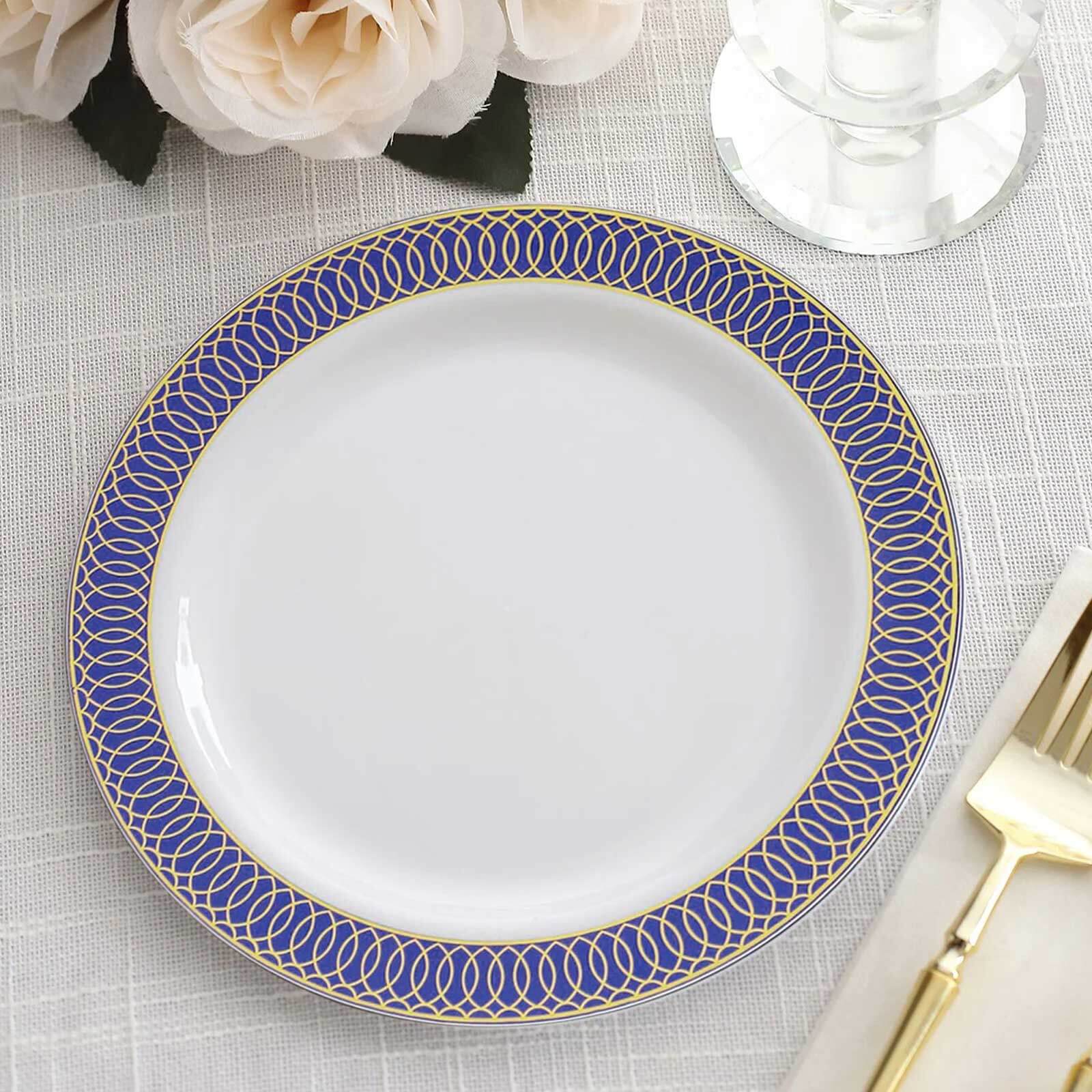 10-Pack Plastic Round Dinner Plates 10 White with Navy Blue Gold Spiral Rim - Chic Disposable Party Plates