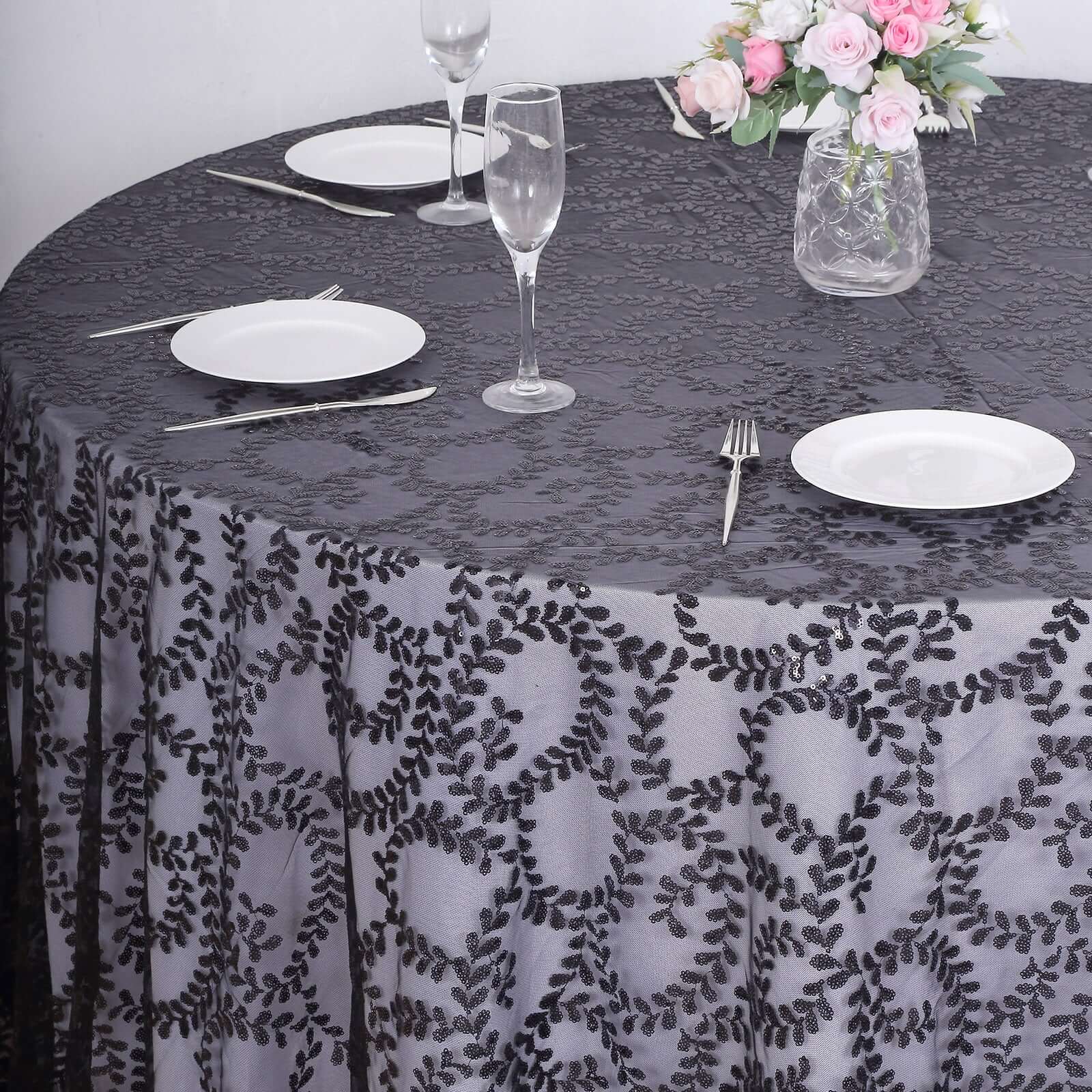 Tulle 120 Round Tablecloth Black - Seamless Sequin Leaf Embroidered Table Cover