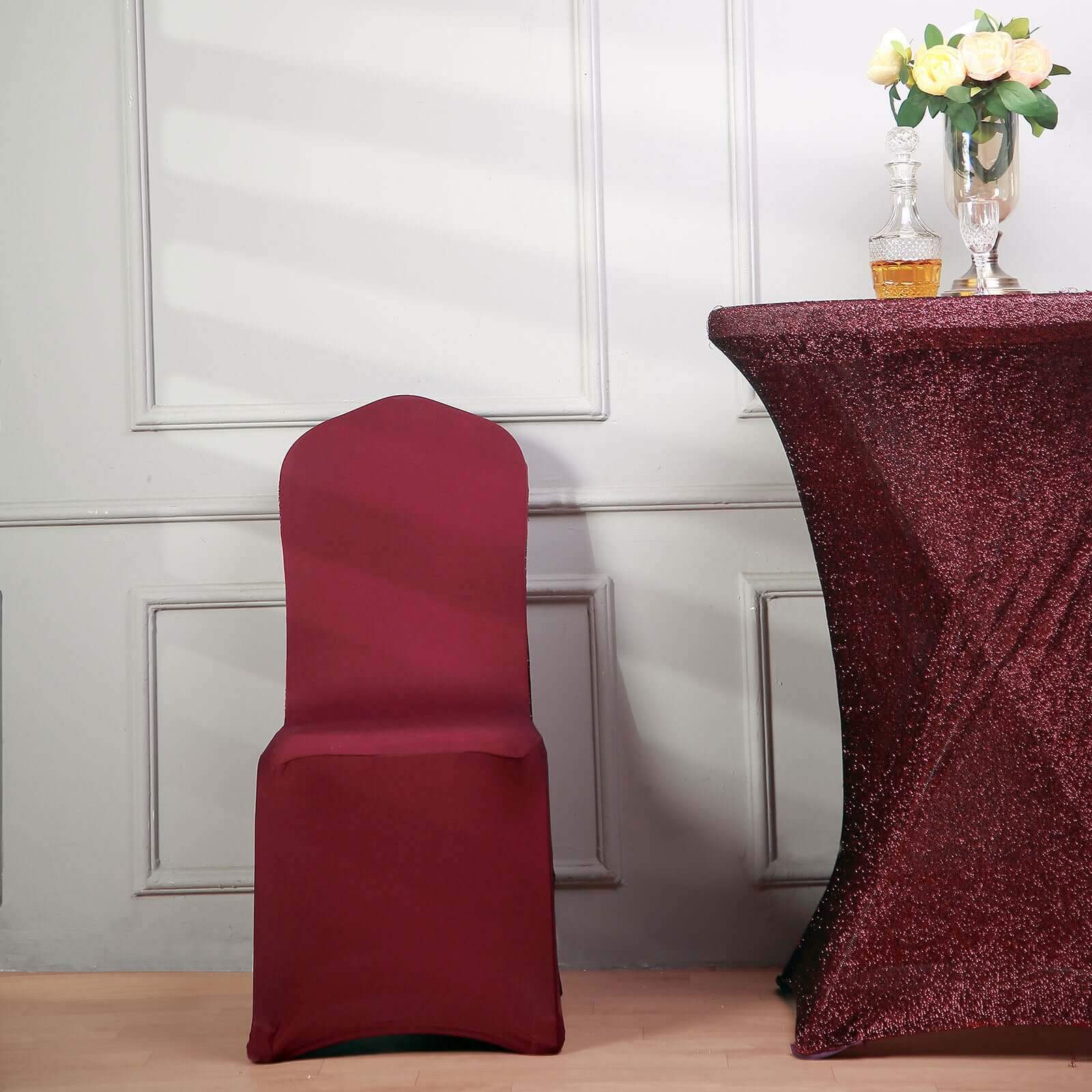 Spandex Chair Cover with Metallic Shimmer Tinsel Back for Banquet Chairs Burgundy - Fitted Slipcover