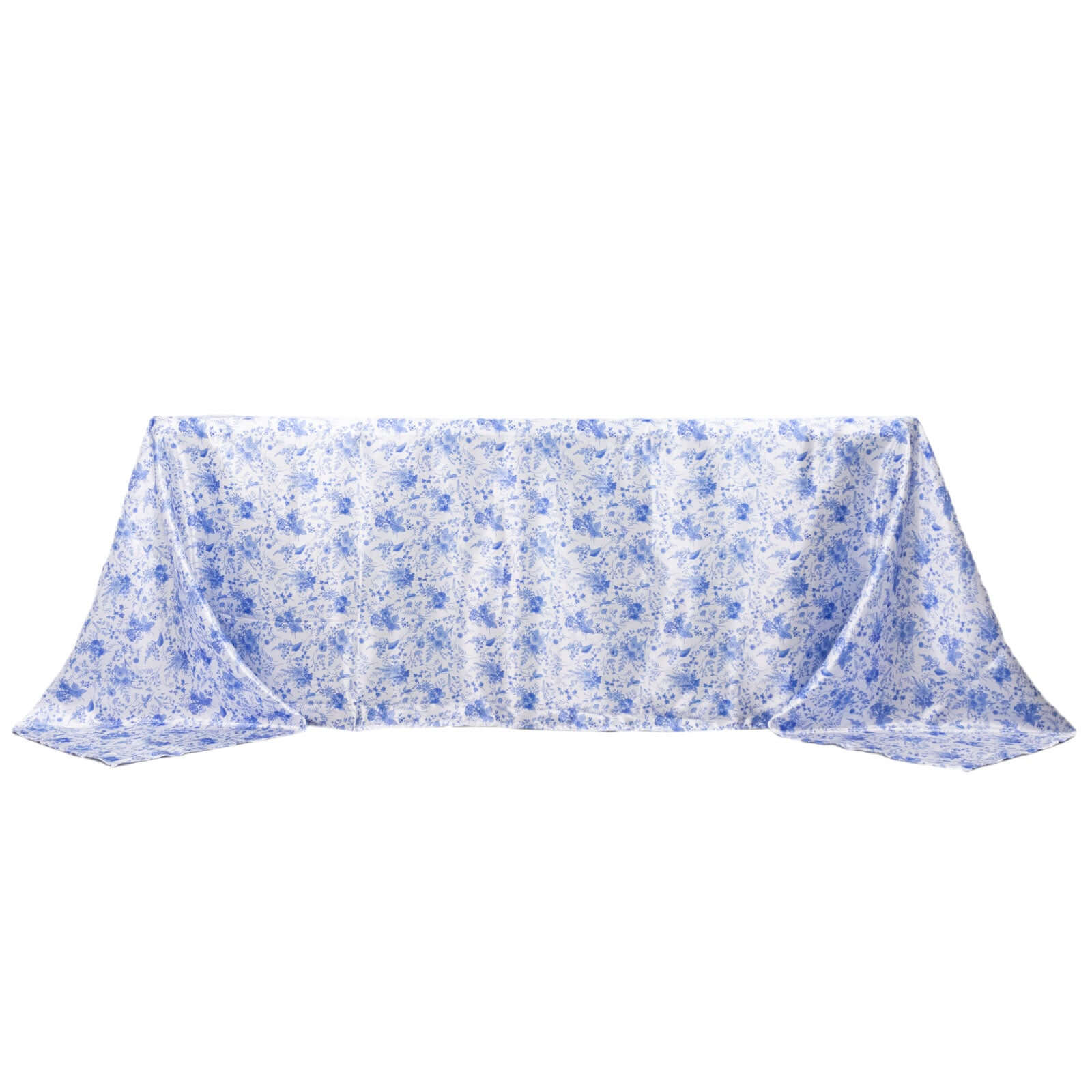 Satin Round 90x132 Tablecloth White/Blue French Toile Design - Seamless Stylish & Wrinkle-Resistant Table Cover