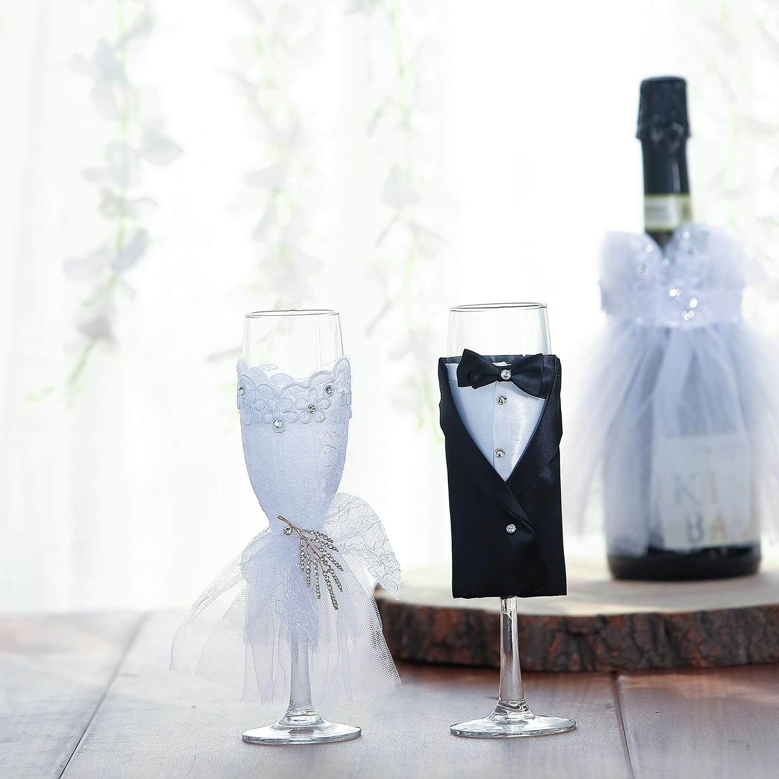 Set of 2 Clear Champagne Flutes with Black Bride and Groom Koozies - Wedding Toast Glasses 9