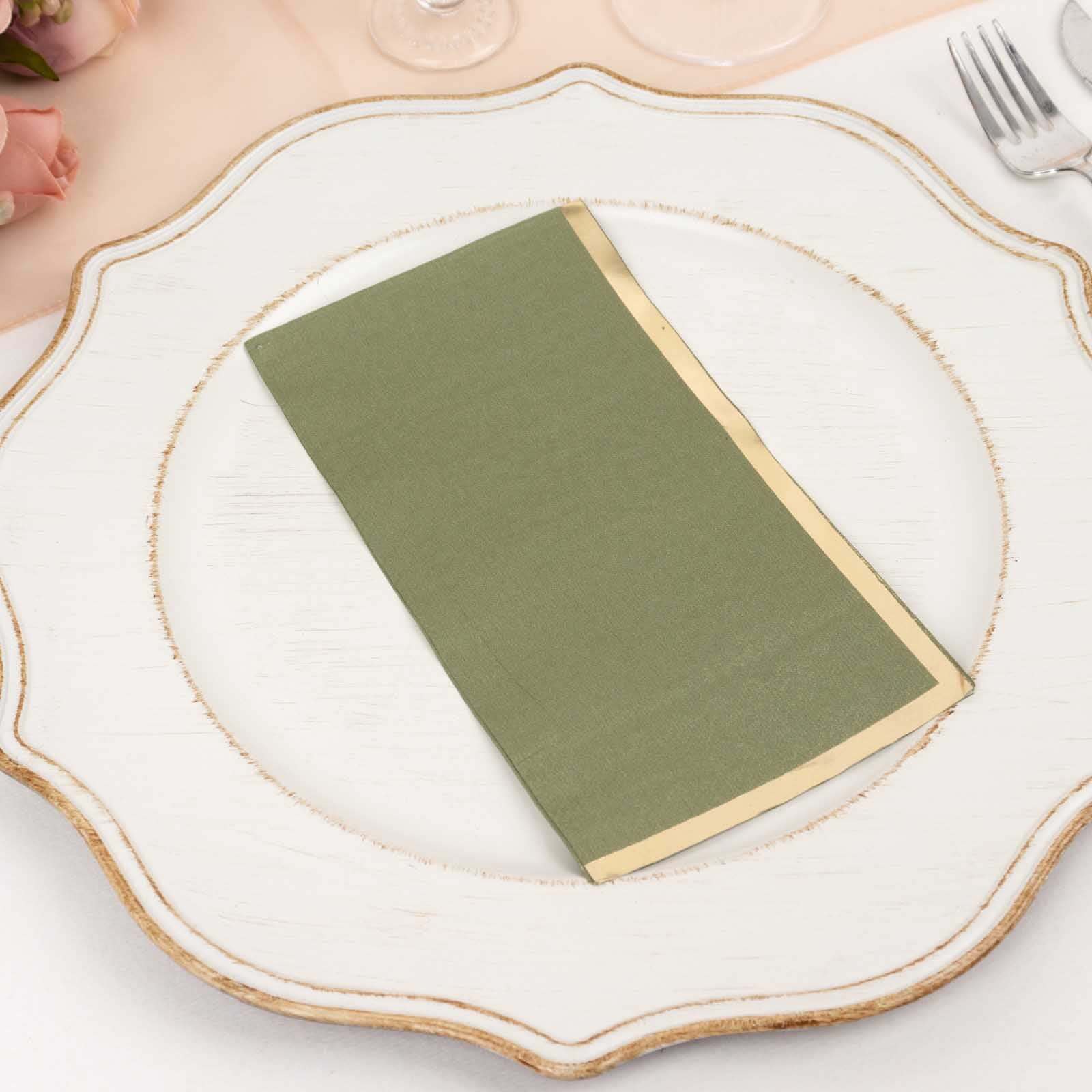 50-Pack Paper Dinner Napkins Olive Green with Gold Foil Edge 2 Ply - Stylish Disposable Napkins