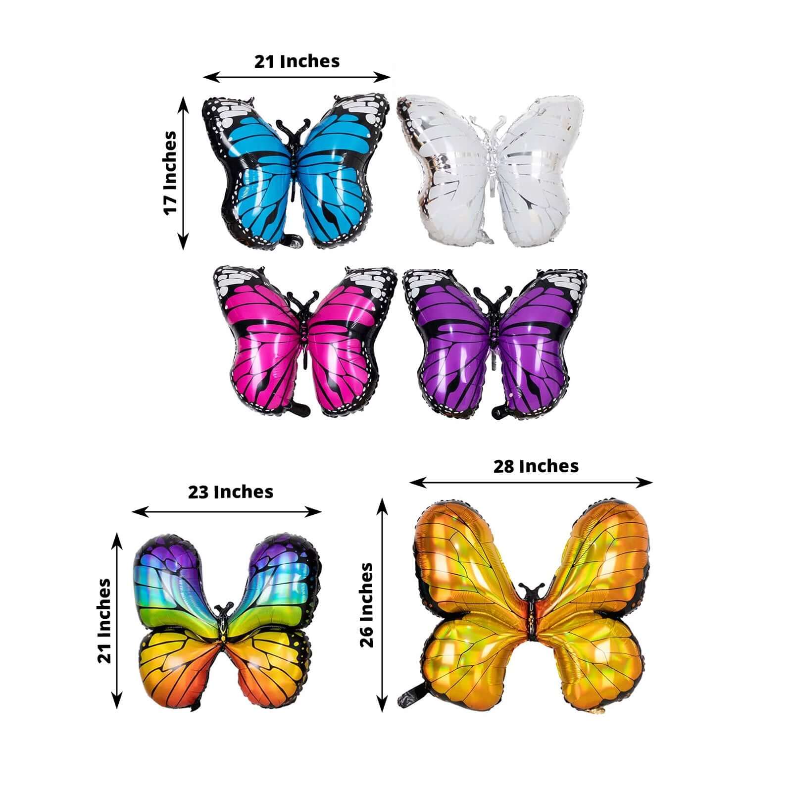 Set of 6 Assorted Butterfly Helium Foil Balloons, Fairy Tale Theme Party Supplies - 21,23,28