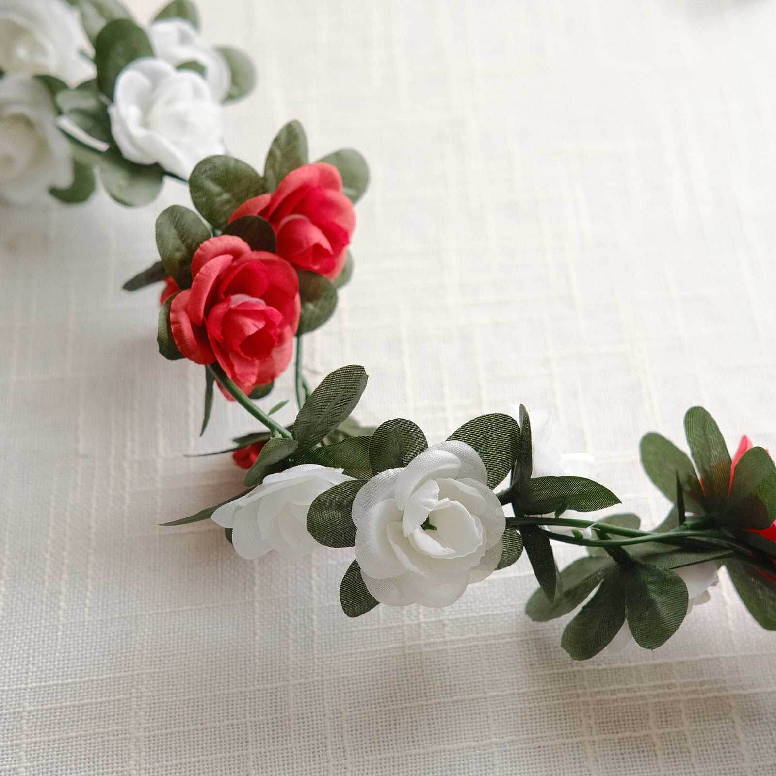 2 Pack 8ft Red Ivory Artificial Silk Flower Garland Mini Rose Vines with 45 Flower Heads