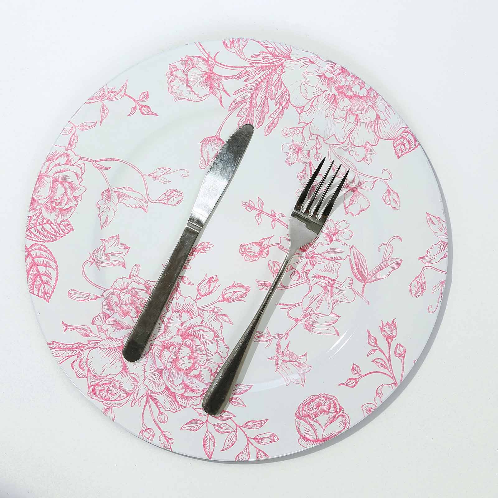 6-Pack Acrylic Round Charger Plates 13 in White with Pink Floral French Toile Pattern, Decorative Dinner Party Charger Tableware