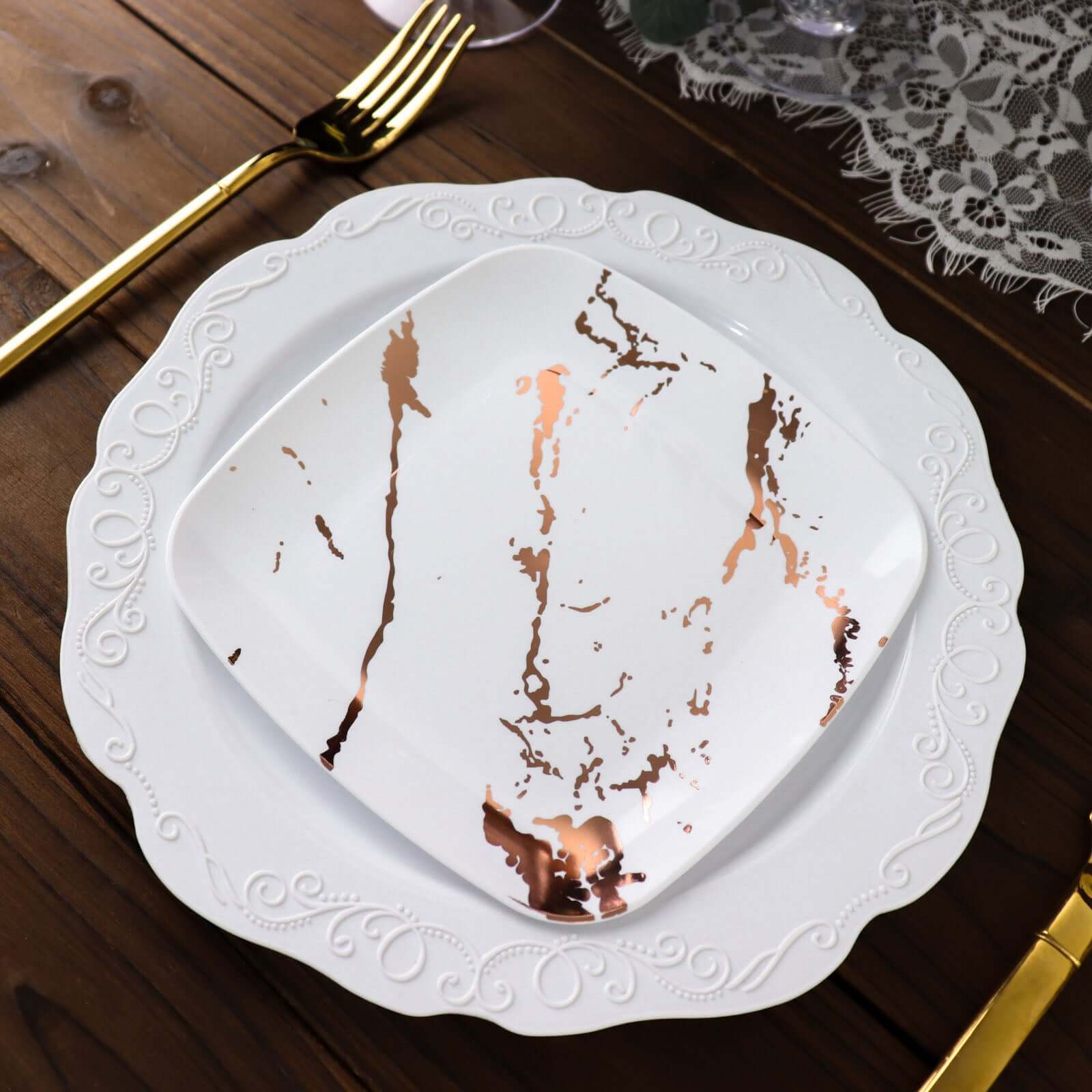 10-Pack Plastic 6 Square Appetizer Snack Plates in White with Rose Gold Marble Design - Disposable Dessert Party Plates for Weddings, Banquets & Special Events