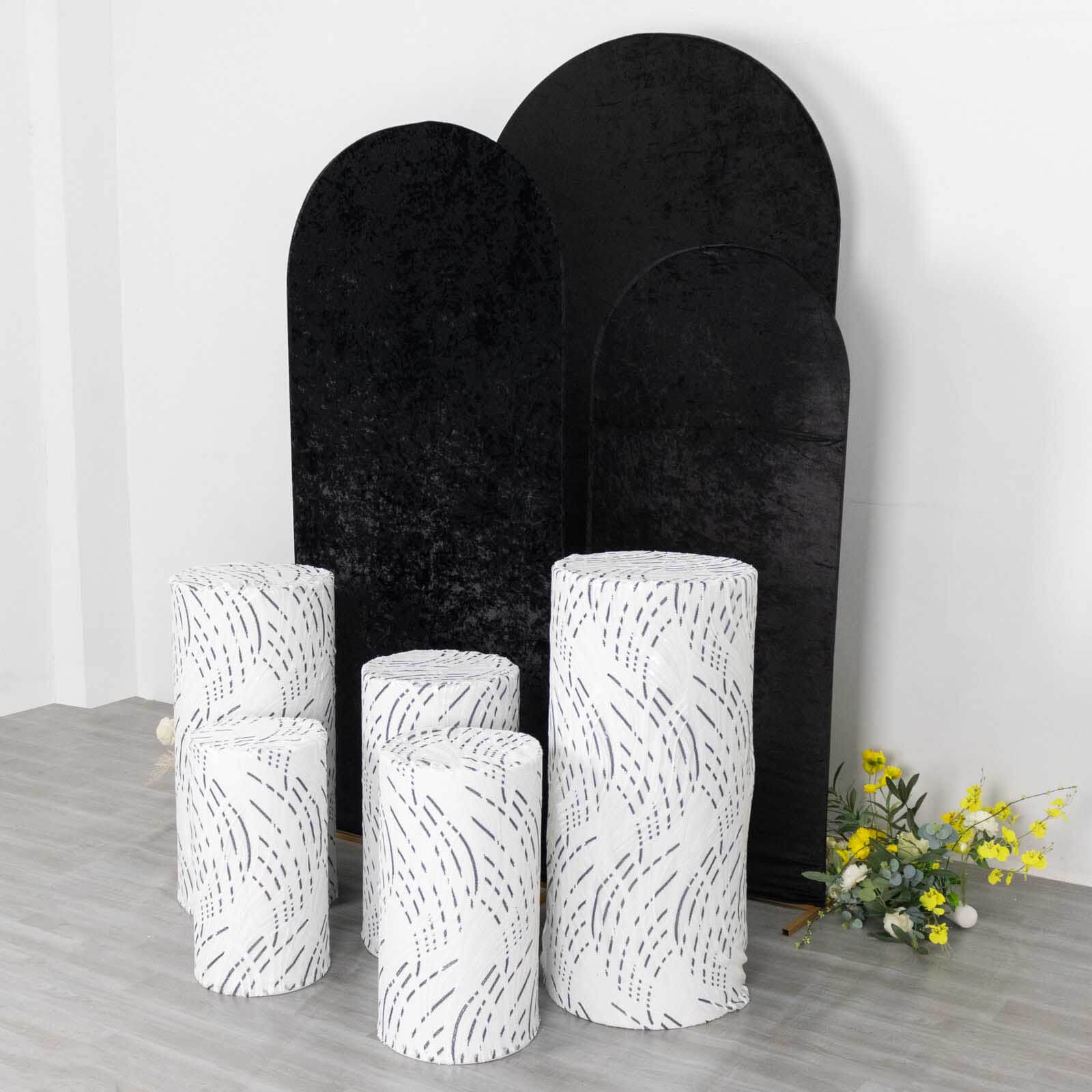 Set of 5 White Wave Mesh Cylinder Pedestal Stand Covers with Embroidered Sequins, Pillar Prop Covers - 160 GSM