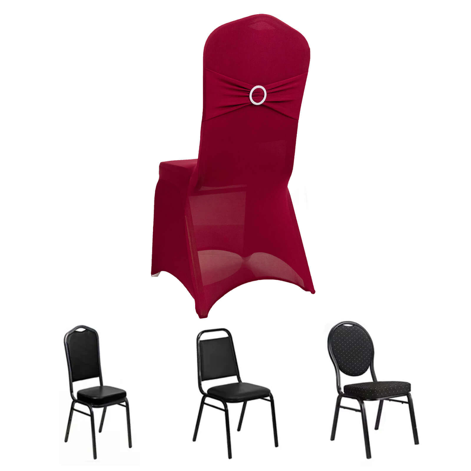 Spandex Chair Cover with Burgundy Rhinestone Buckled Sash Band Blush - Stretch Fitted Slipcover