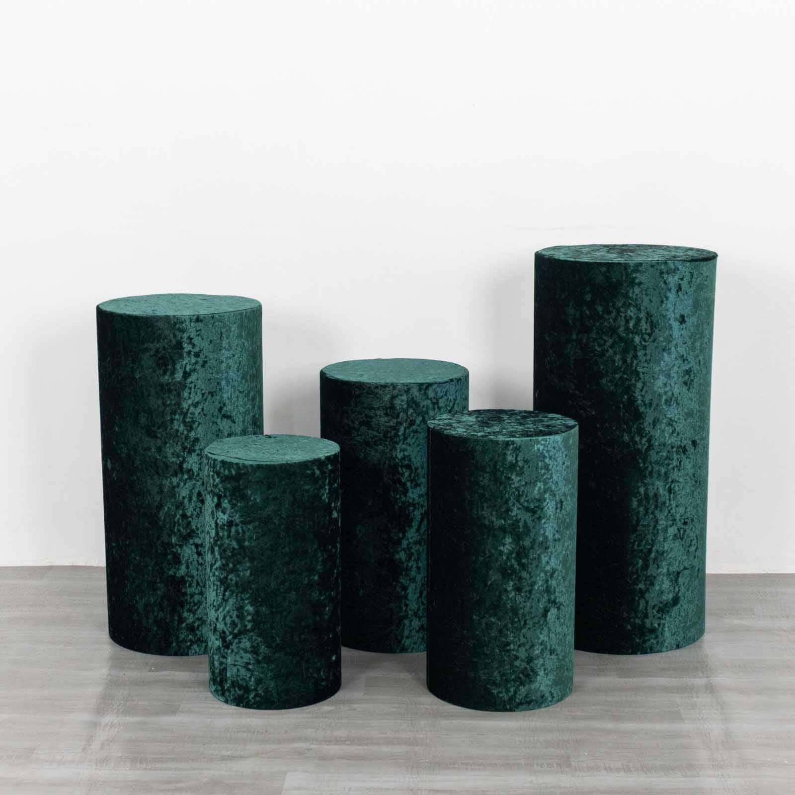 Set of 5 Hunter Emerald Green Crushed Velvet Cylinder Pedestal Stand Covers, Premium Pillar Prop Covers