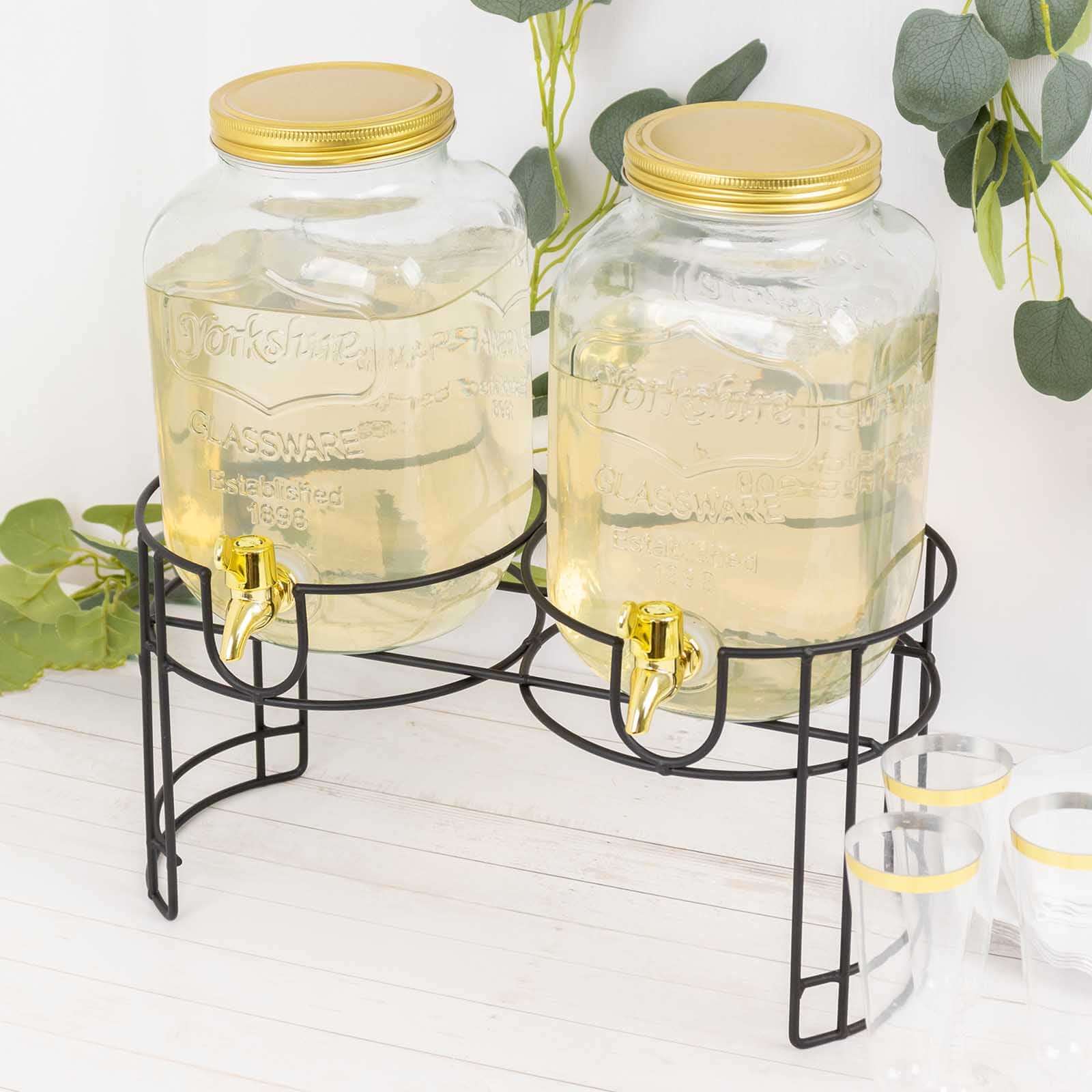 2-Pack Clear Glass Beverage Dispenser Stand, Dual Juice Jars with Gold Metal Lids and Spigot - Convenient Serving Feature 2-Gallon