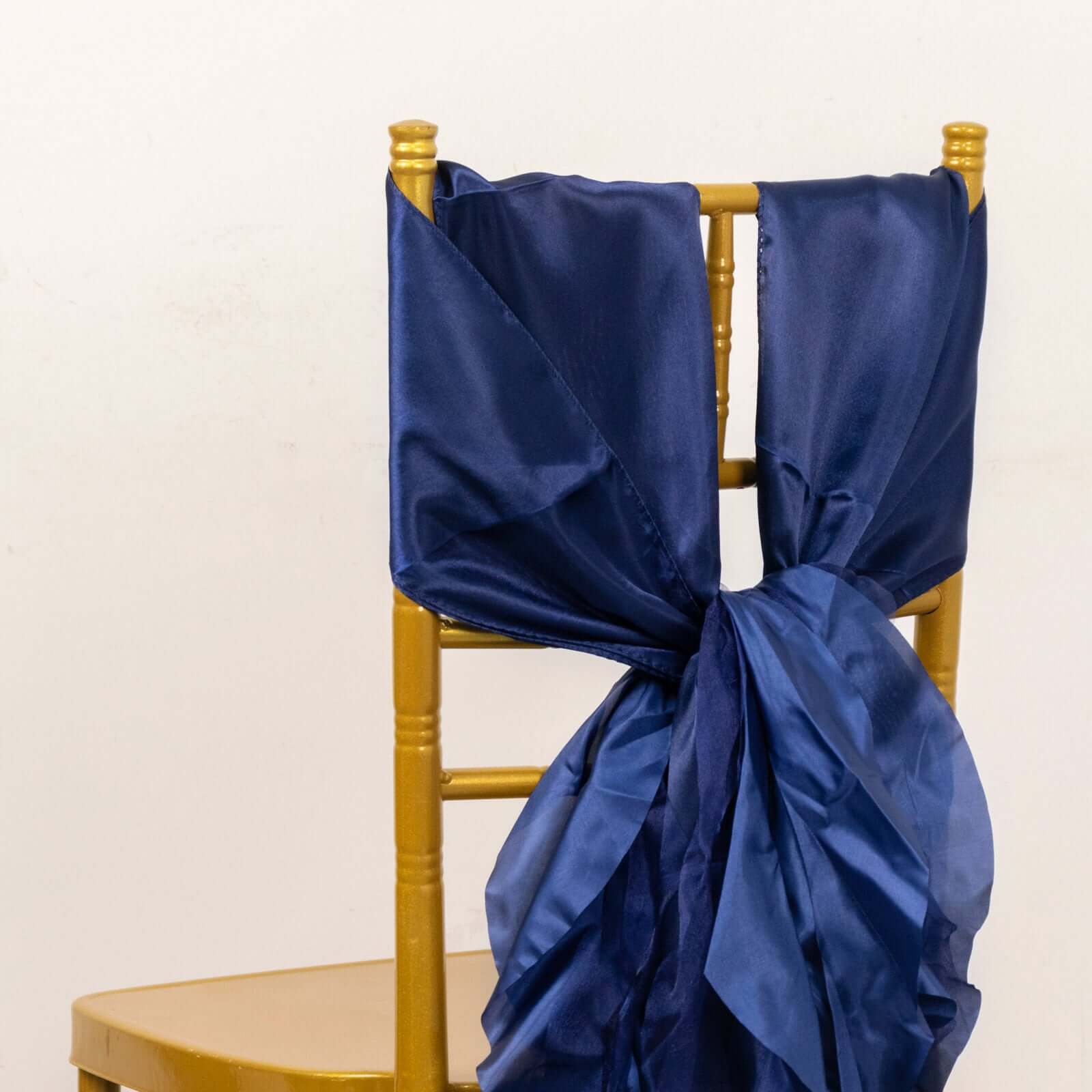 5 Pack Chiffon Satin Chair Sashes Navy Blue - Easy to Install Ruffled Curly Willow