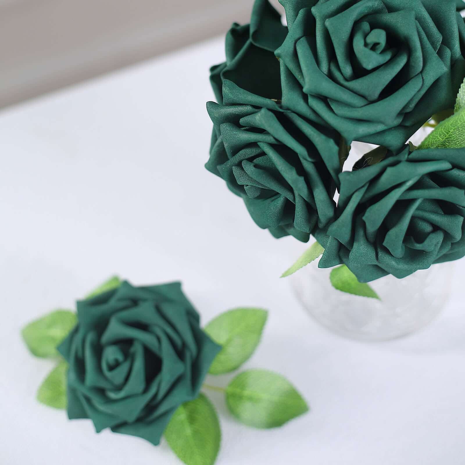 24 Roses 5 Hunter Emerald Green Artificial Foam Flowers With Stem Wire and Leaves