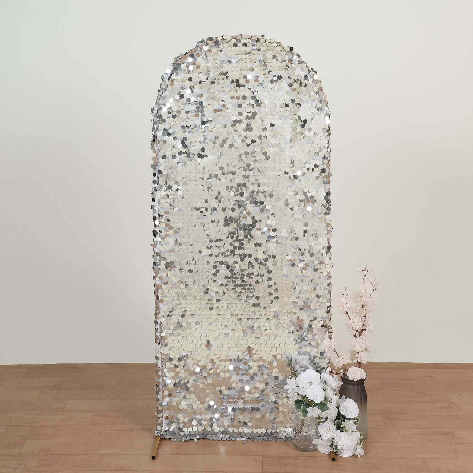 5ft Sparkly Silver Double Sided Big Payette Sequin Chiara Backdrop Stand Cover For Fitted Round Top Wedding Arch