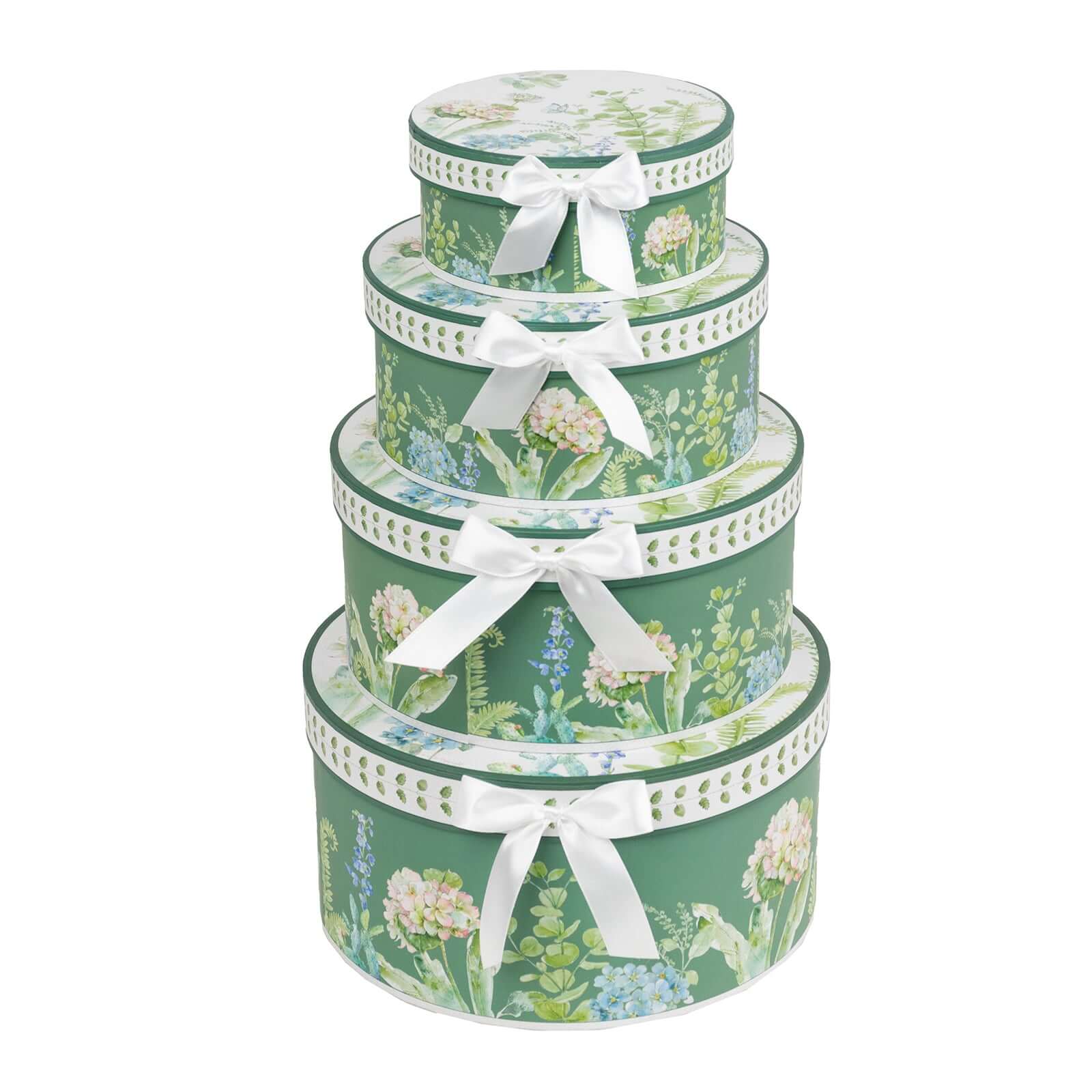 Set of 4 Cardstock Round Nesting Gift Boxes Greenery Theme Design - Decorative Heavy Duty Stackable Keepsake Boxes With Lids for Presents Storage & Pedestal Stand 5,7,8,9