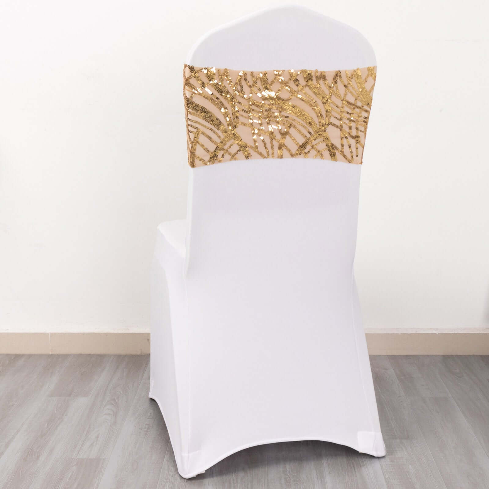 5 Pack Chair Sash Bands with Wave Embroidered Sequins Gold - Gleaming Accent for Weddings & Banquets