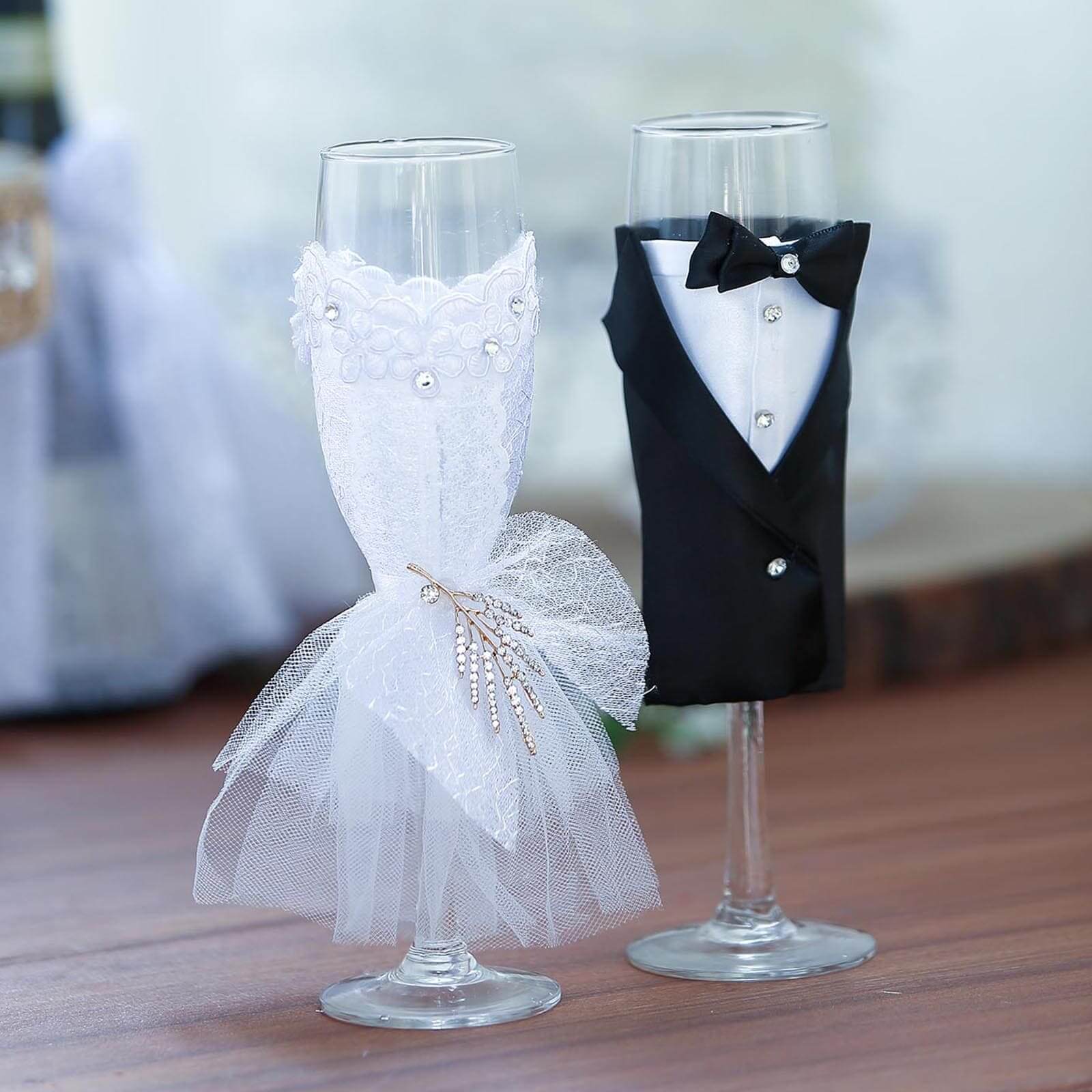 Set of 2 Clear Champagne Flutes with Black Bride and Groom Koozies - Wedding Toast Glasses 9