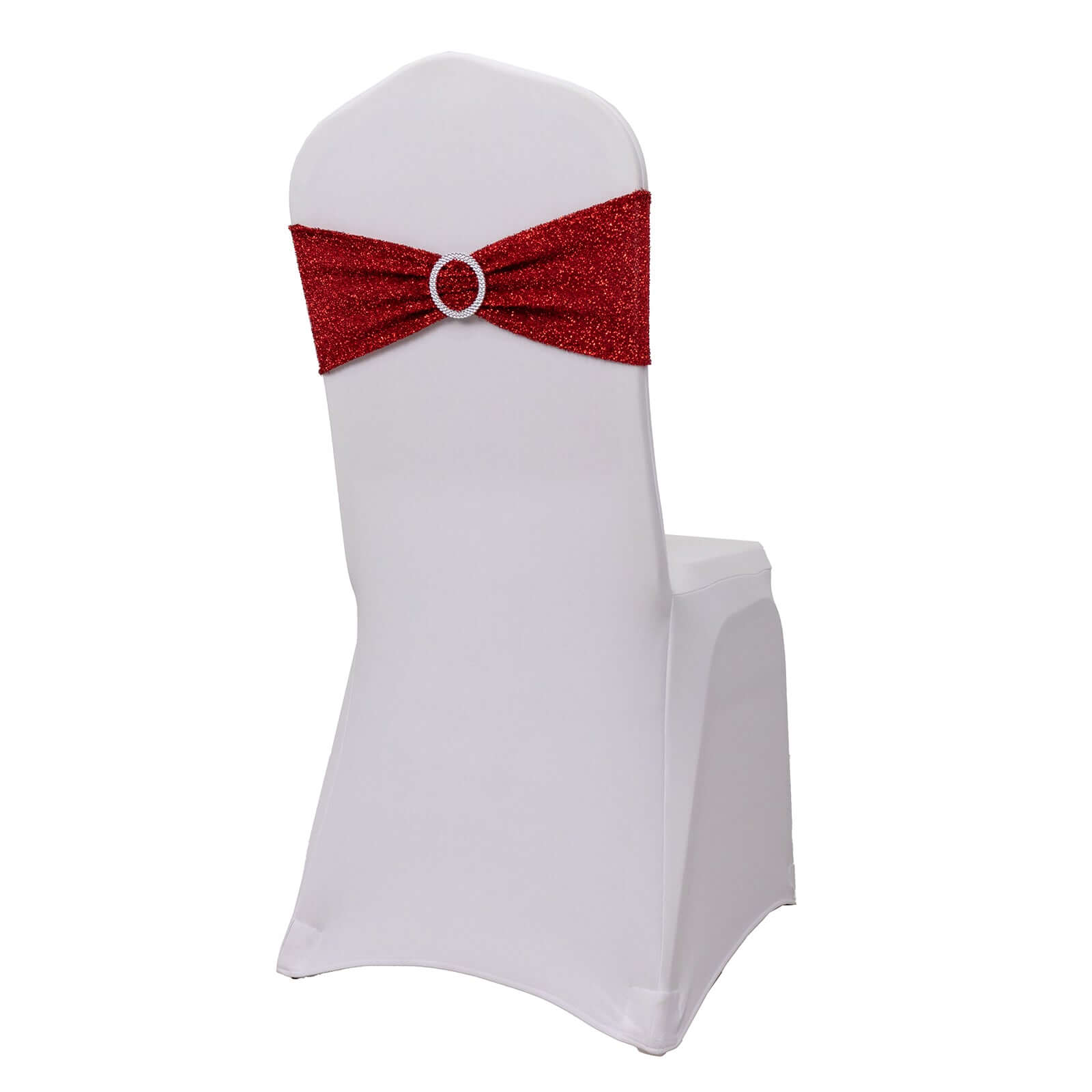 5 Pack Chair Sashes Shimmer Tinsel Spandex 5x12 with Silver Rhinestone Buckles Red - Stylish Chair Bands