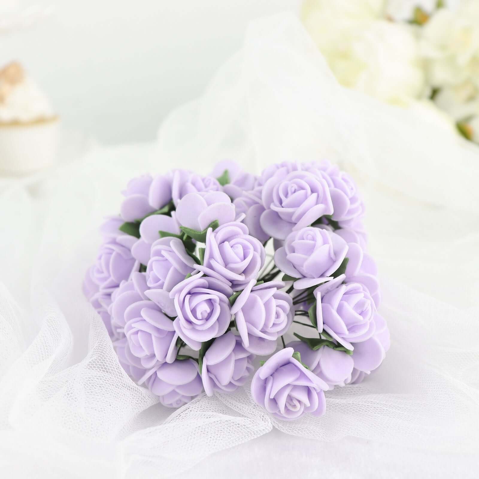 48 Roses 1 Lavender Lilac Real Touch Artificial DIY Foam Rose Flowers With Stem, Craft Rose Buds