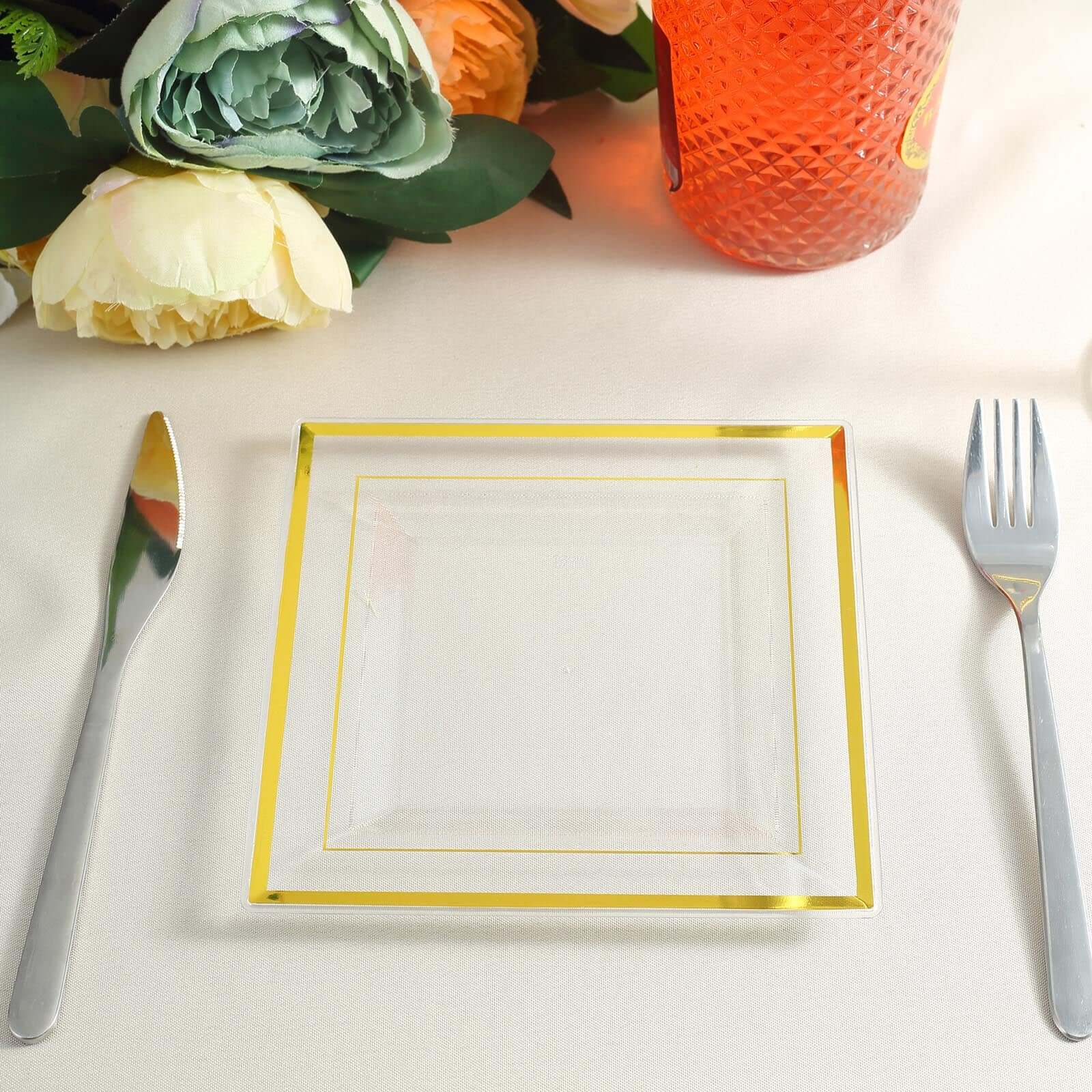 10-Pack Plastic Salad Dessert Plates Clear Square with Gold Trim - Durable Disposable Appetizer Plates 7