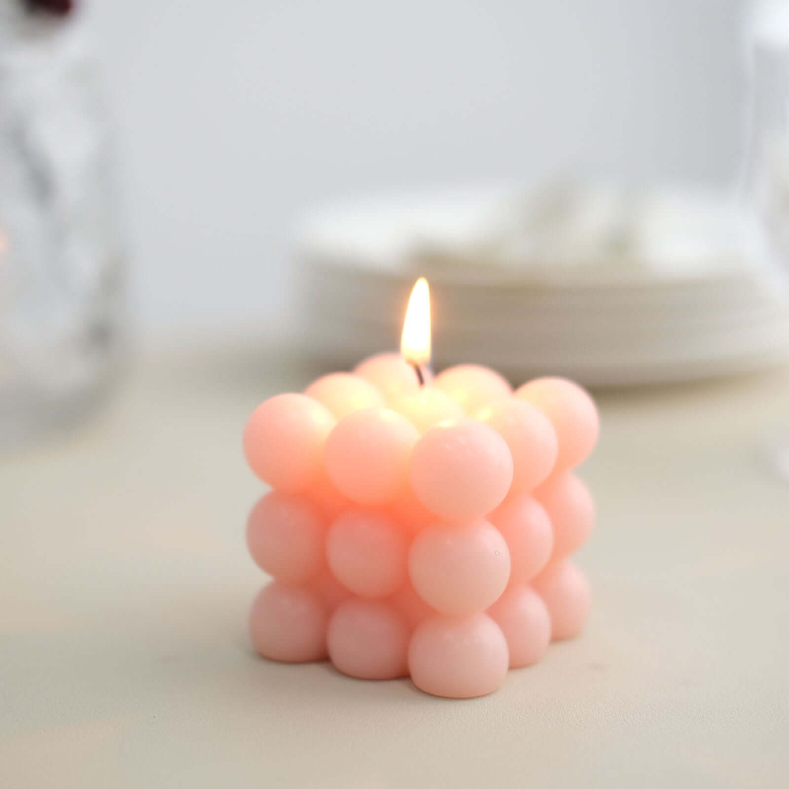 2-Pack Decorative Paraffin Wax Candles Bubble Cube Design Blush - Unscented Long Burning Pillar Candle Set 2