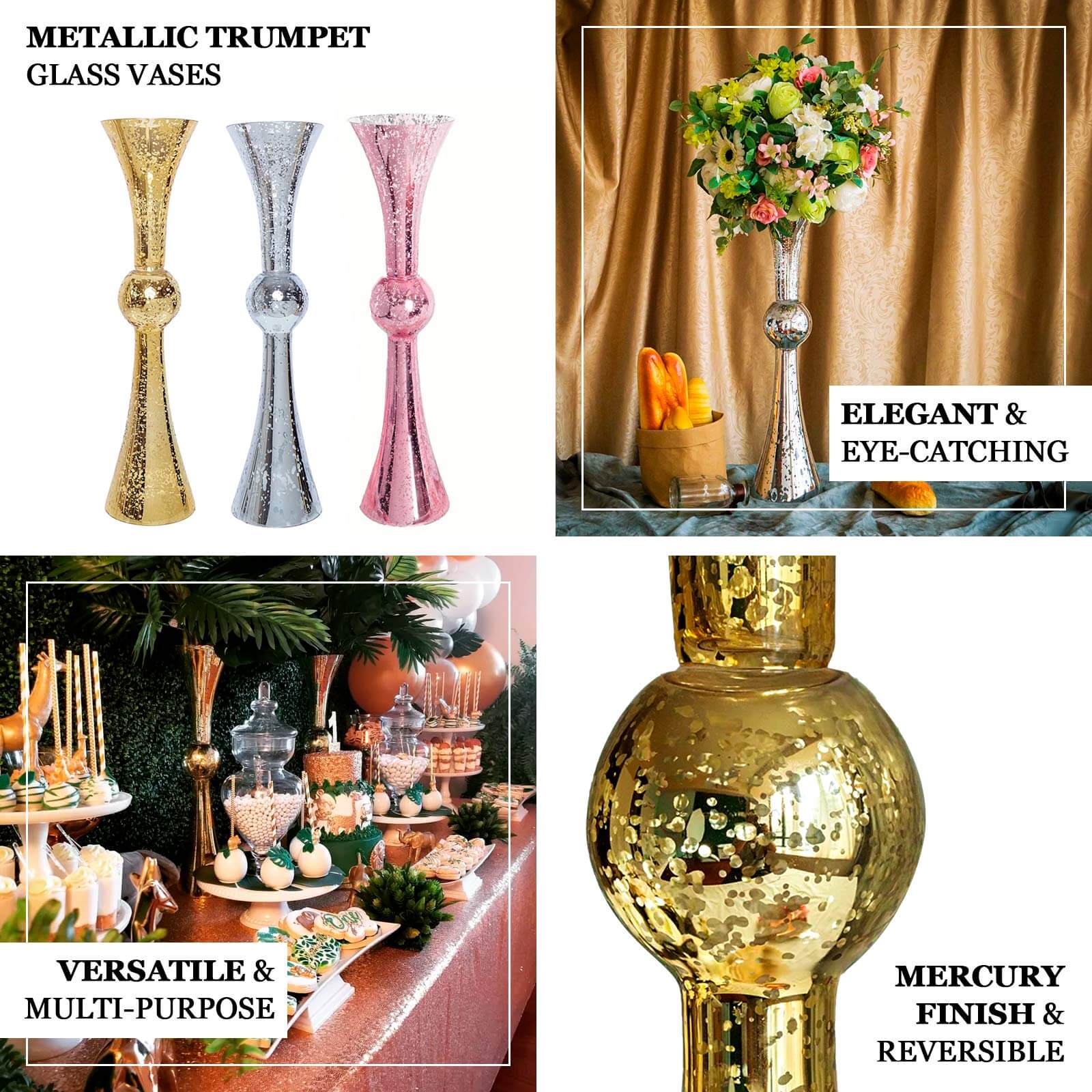 4-Pack Glass Trumpet Vases Reversible Latour Design Clear - Classy Wedding Table Flower Centerpieces 24