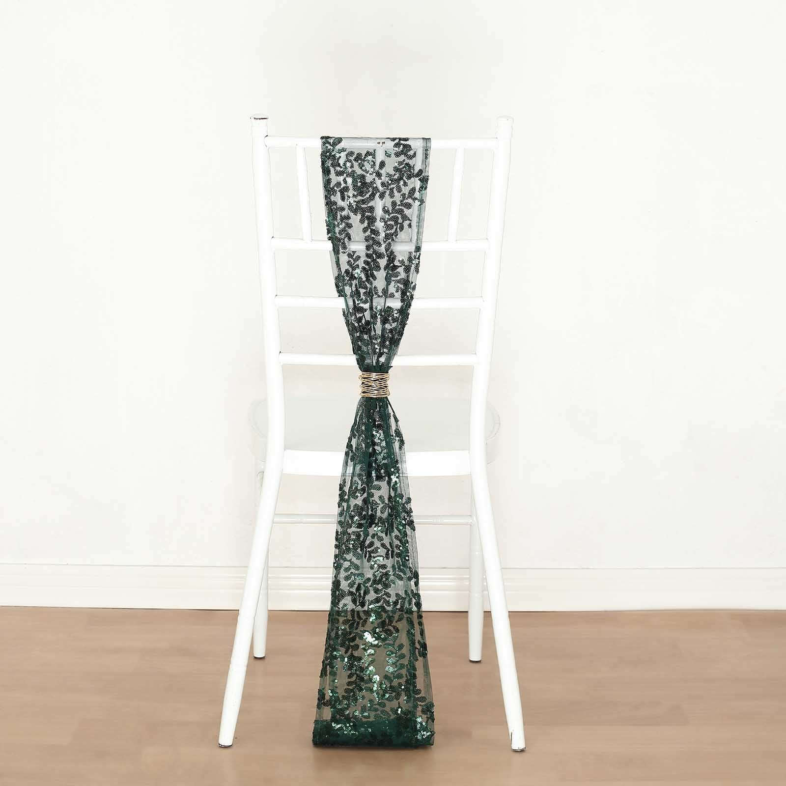 5 Pack Tulle Chair Sashes with Leaf Vine Embroidered Sequins Hunter Emerald Green 6x88