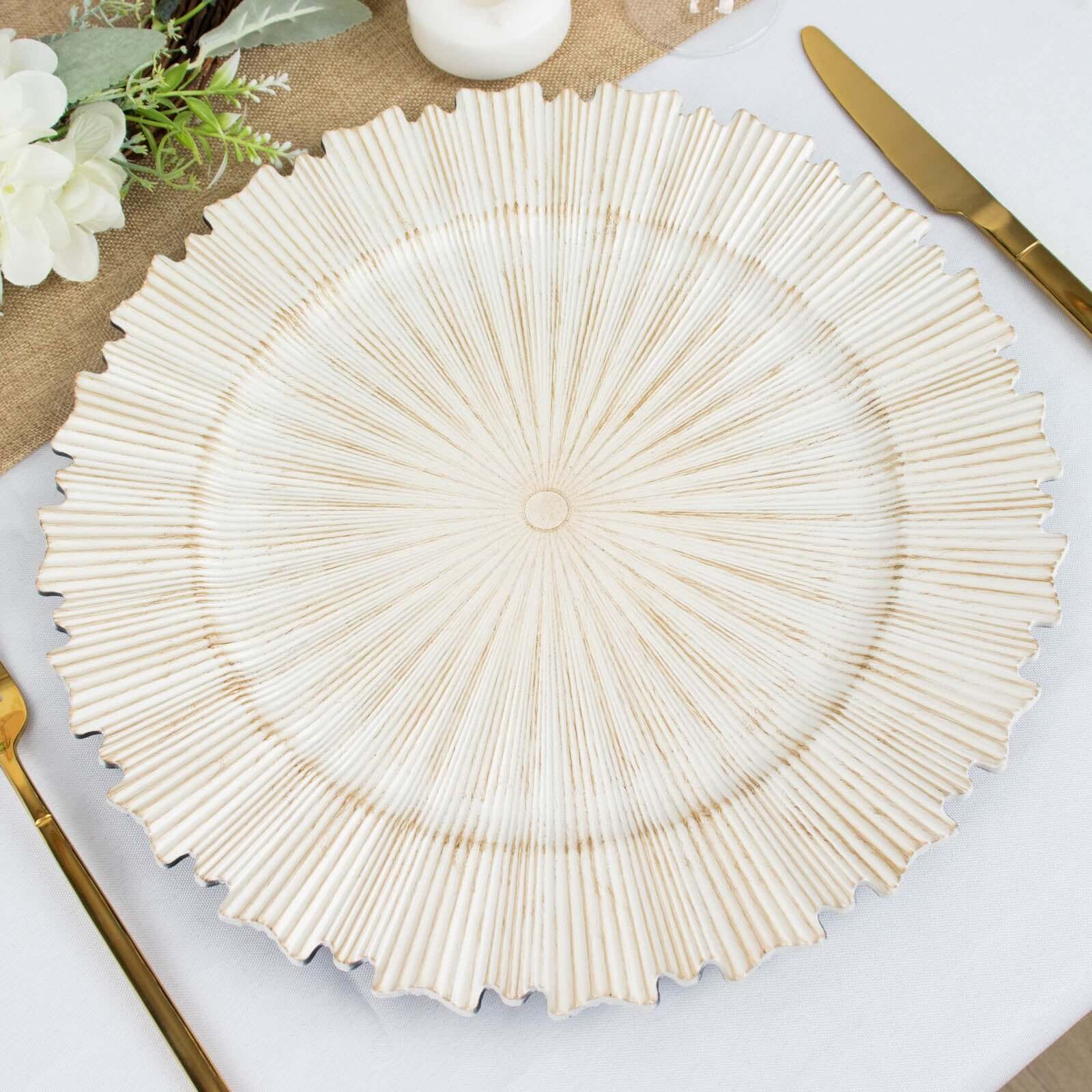 6-Pack Acrylic Plastic Round Charger Plates 13 in Antique White with Sunray Scalloped Rim, Decorative Dinner Party Charger Tableware