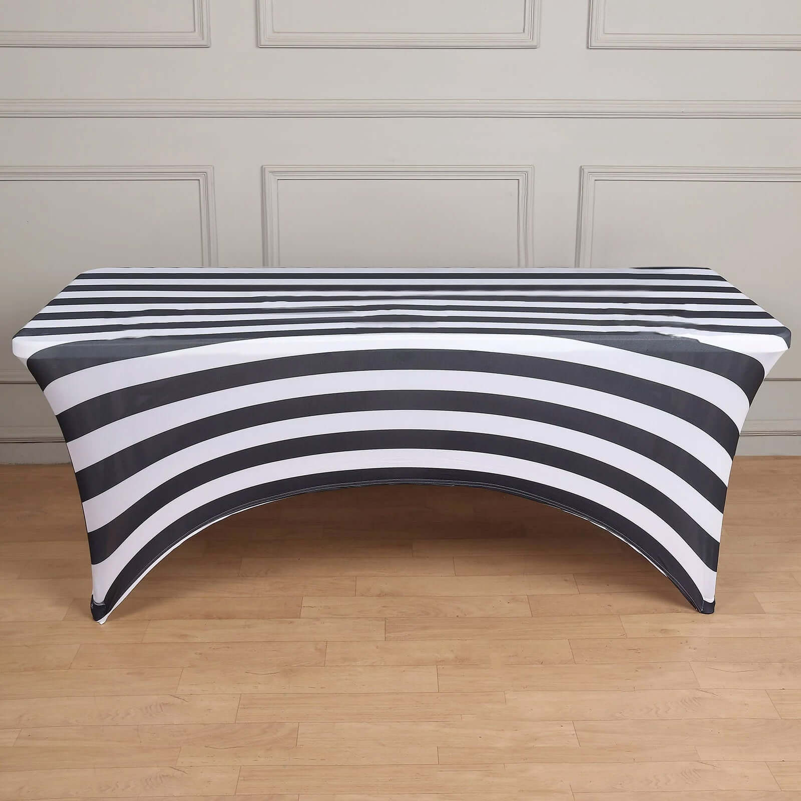 Stretch Spandex 72x30 Rectangle Tablecloth Black/White Vertical Stripes - Durable Form-Fitting Table Cover for Events & Presentations