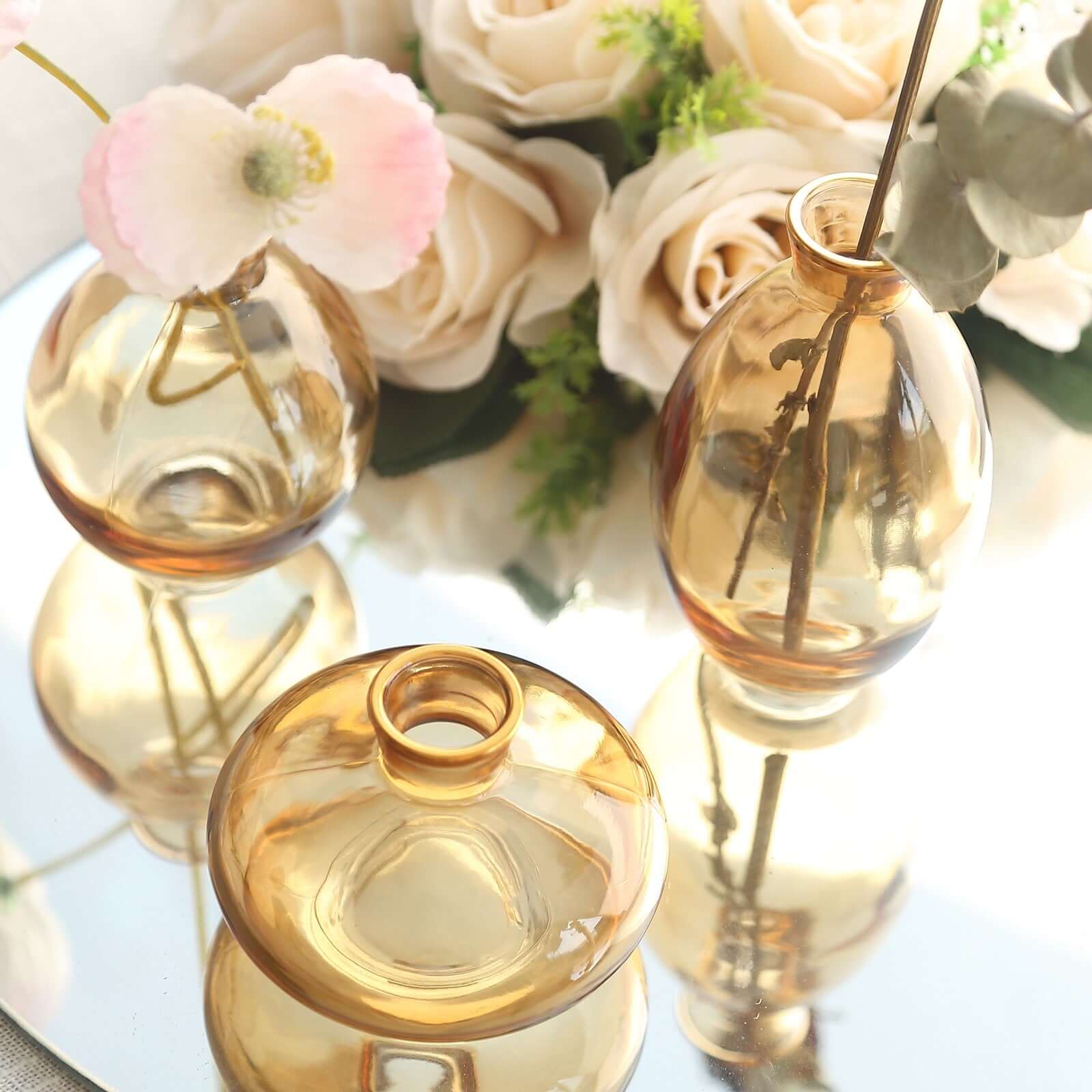 Set of 3 Gold Glass Bud Vases with Metallic Gold Rim - Modern Flower Table Centerpieces Assorted Sizes