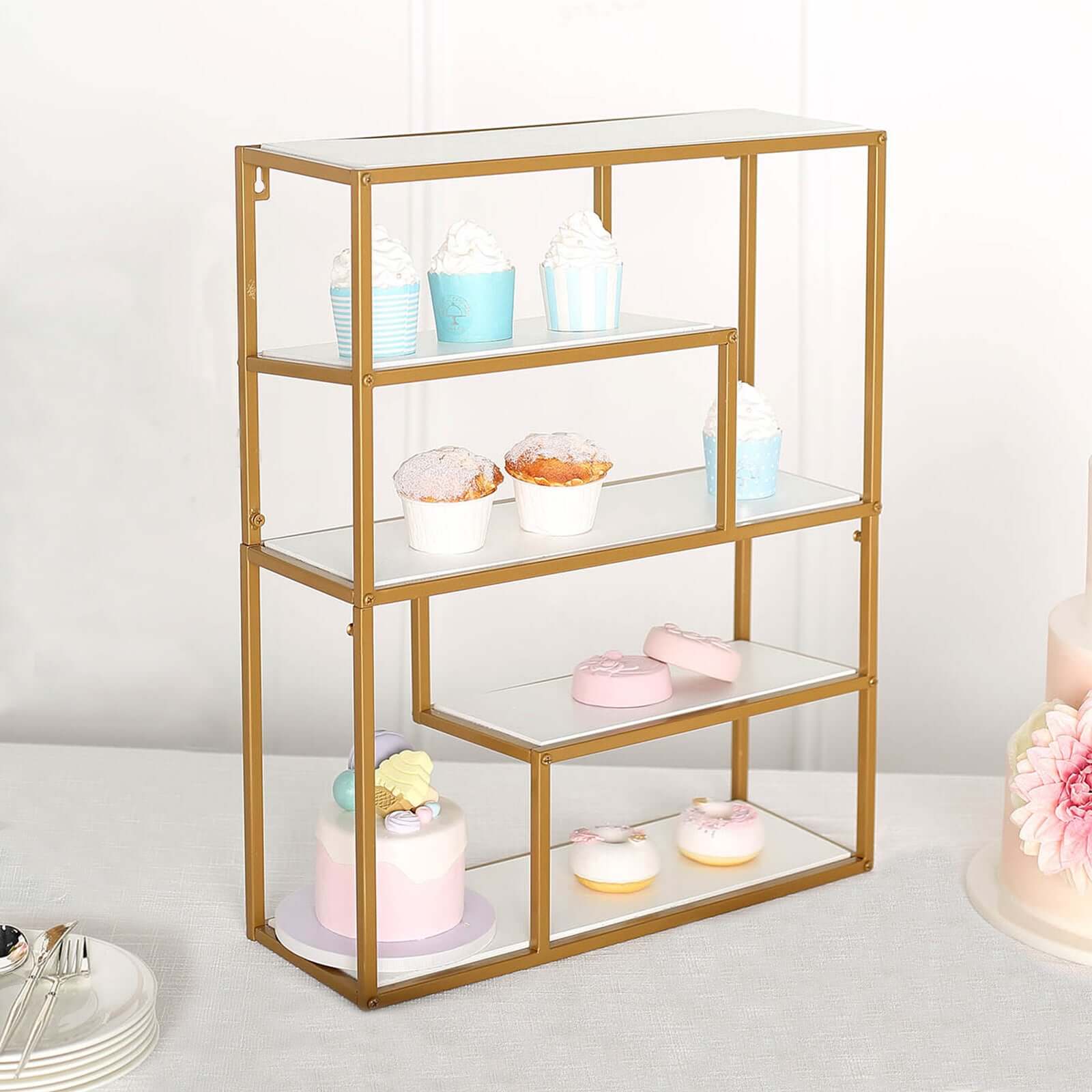 4-Tier Dessert Cupcake Stand Metal Gold with White Wood Panels - Wall Shelf & Book Display Rack 22