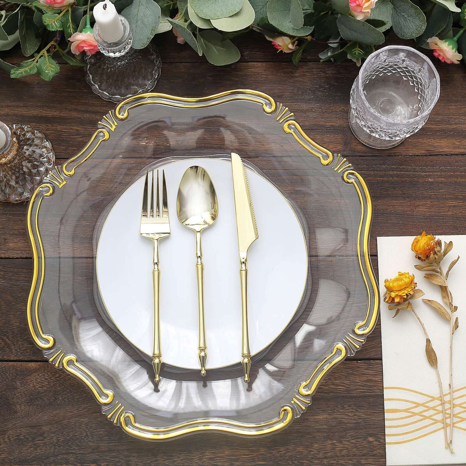 6-Pack Acrylic Plastic Hexagon Charger Plates 13 in Clear with Gold Baroque Scalloped Rim, Exquisite Dinner Serving Plates