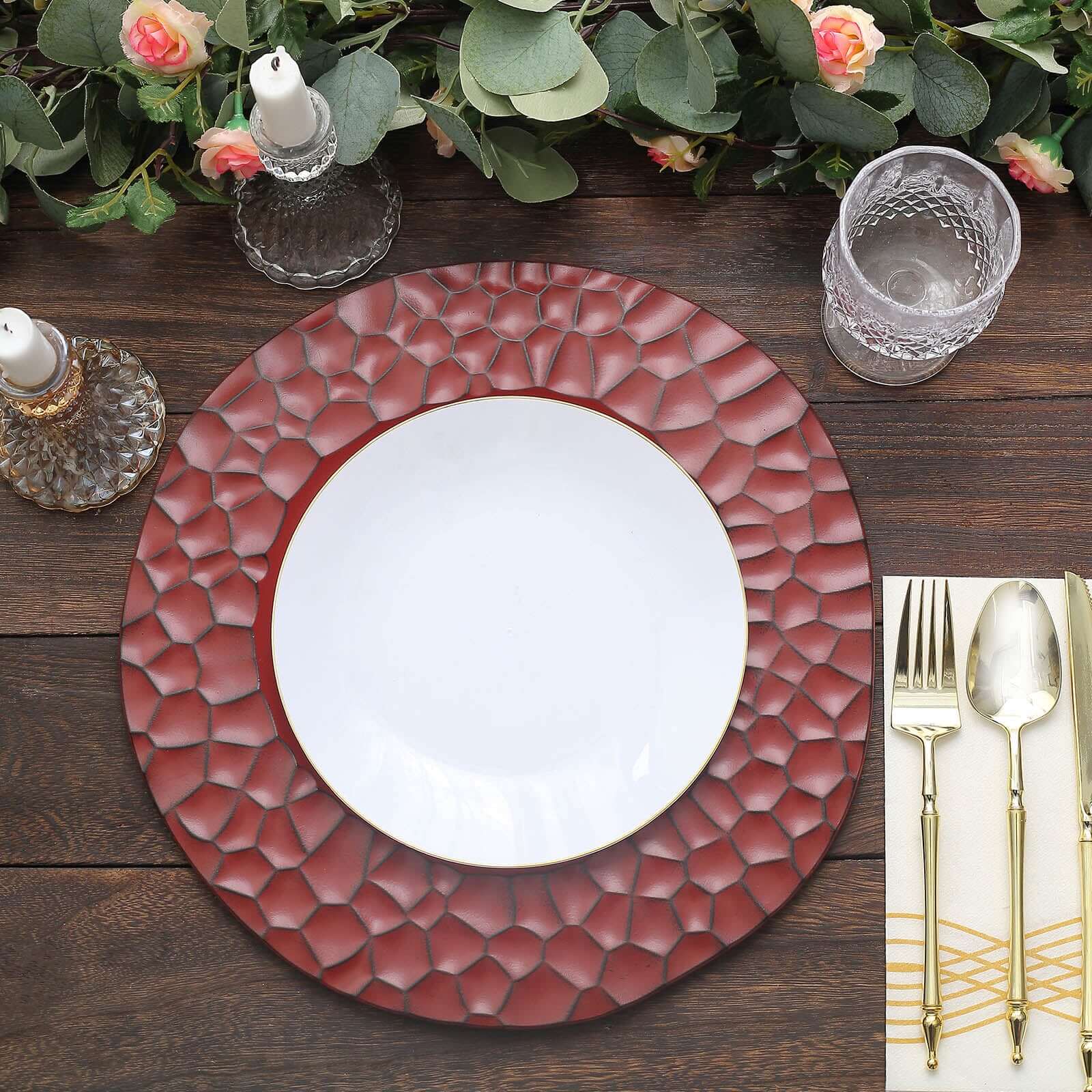 6-Pack Round Charger Plates 13 in Burgundy with Hammered Rim, Matte Finish Modern Dinner Charger Tableware