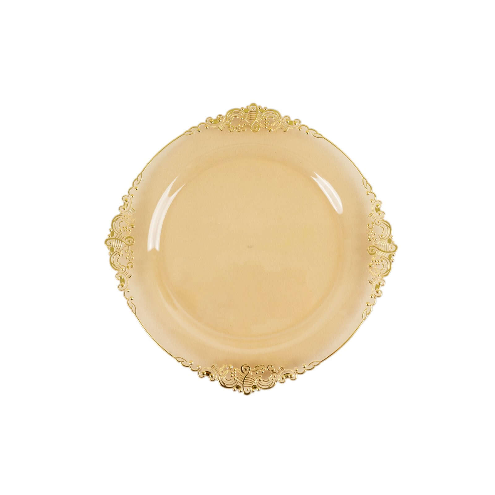 10-Pack Plastic 8 Round Dessert Plates in Transparent Amber Gold with Gold Leaf Embossed Rim - Disposable Vintage Baroque Style Salad Plates