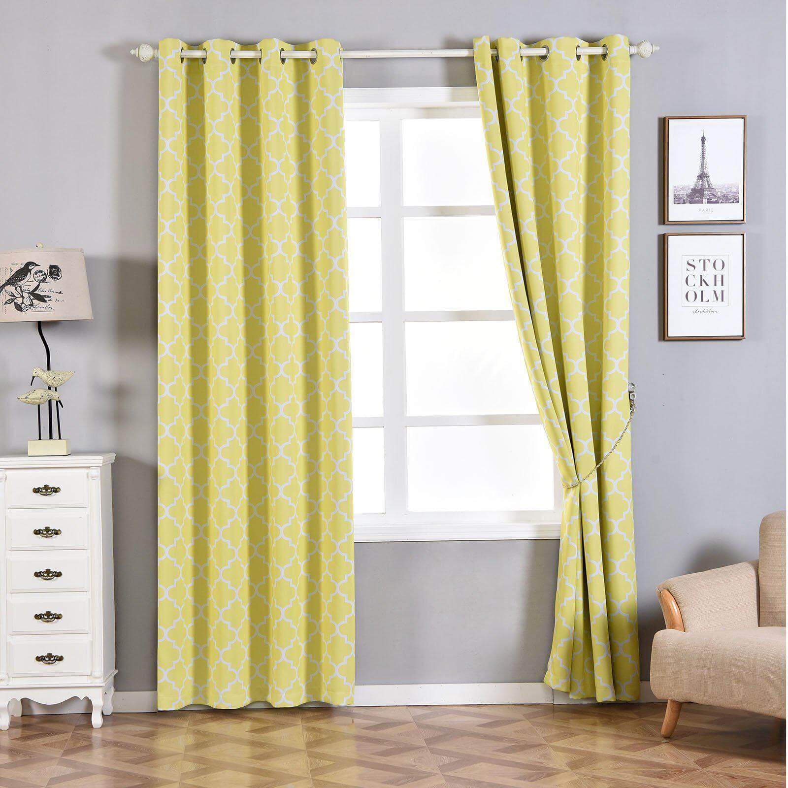 2 Pack White Yellow Lattice Room Darkening Blackout Curtain Panels With Grommet, Trellis Insulated Curtains 52x96 - Clearance SALE