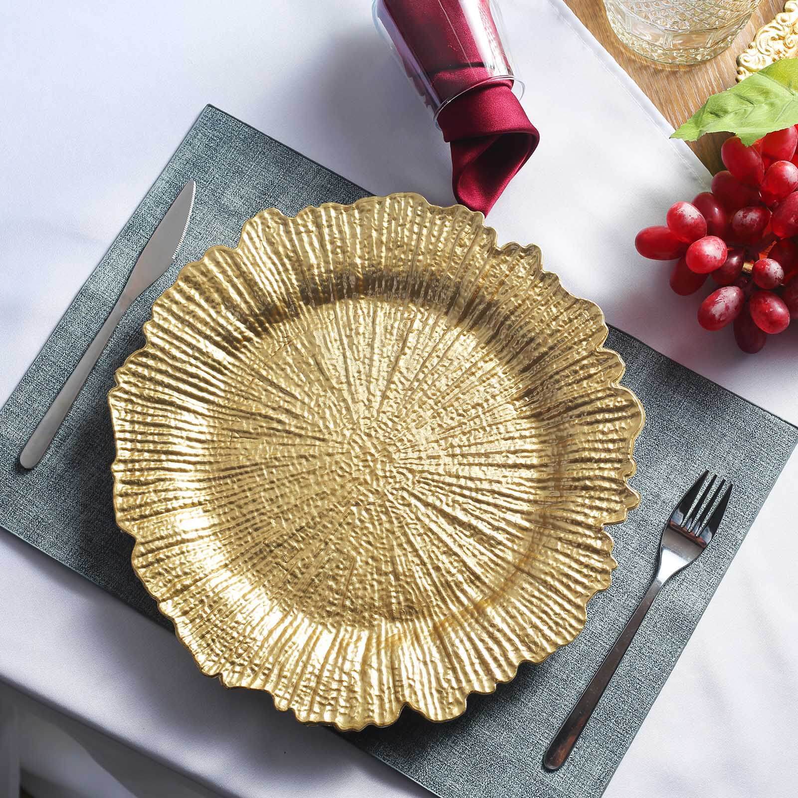 6-Pack Acrylic Plastic Round Charger Plates 13 in Gold with Reef Design, Classy Dinner Party Charger Tableware