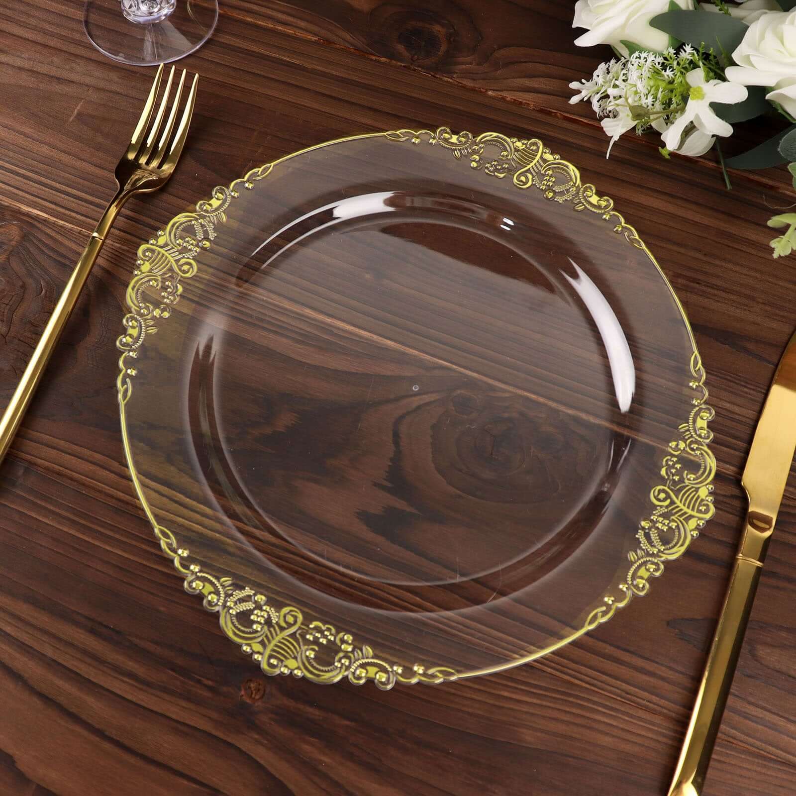 10-Pack Plastic 10 Round Dinner Plates in Clear with Gold Leaf Embossed Rim - Disposable Vintage Baroque Style Plates