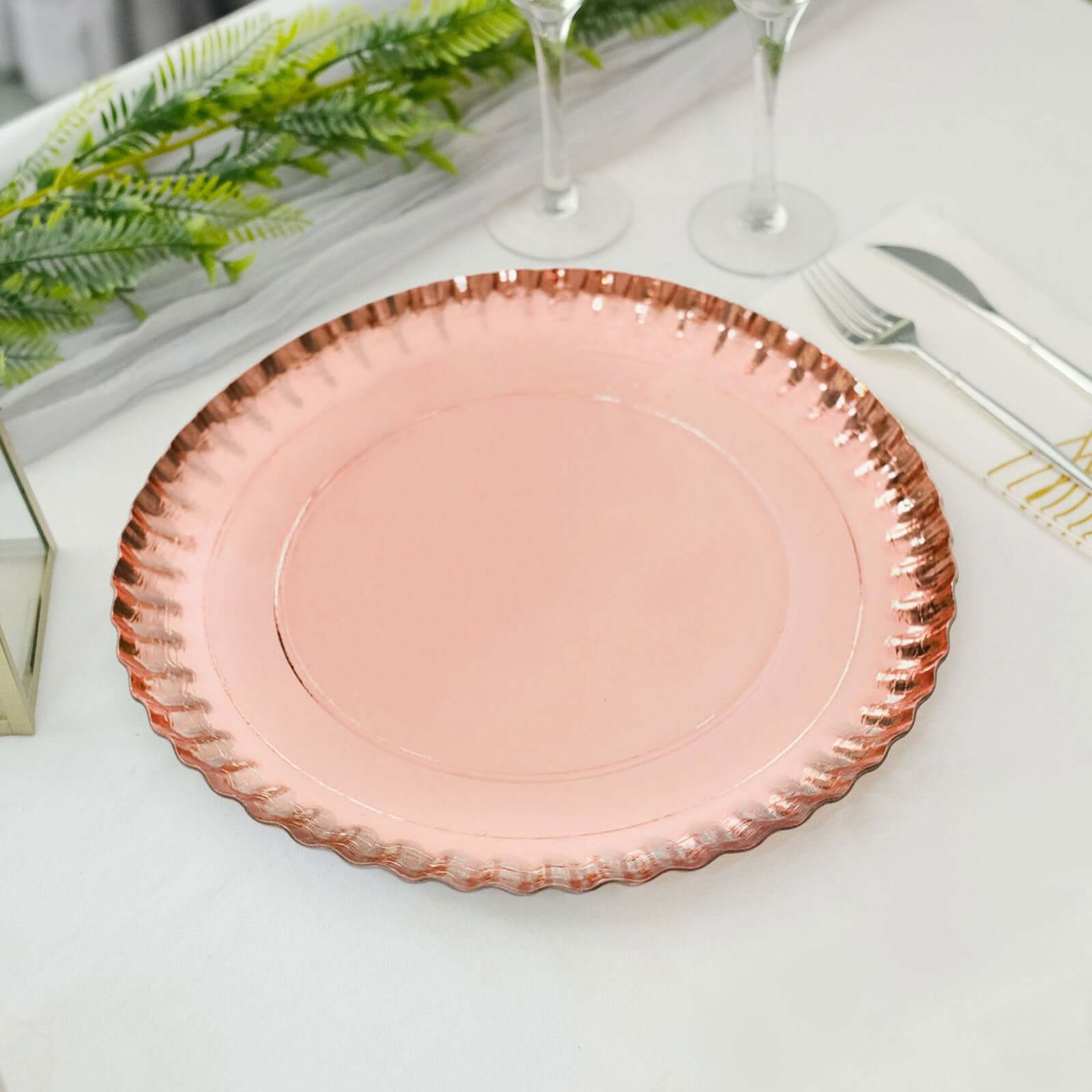 10-Pack Paper 13 Round Charger Plates in Rose Gold with Scalloped Rims - Heavy Duty Disposable 1100GSM Serving Trays