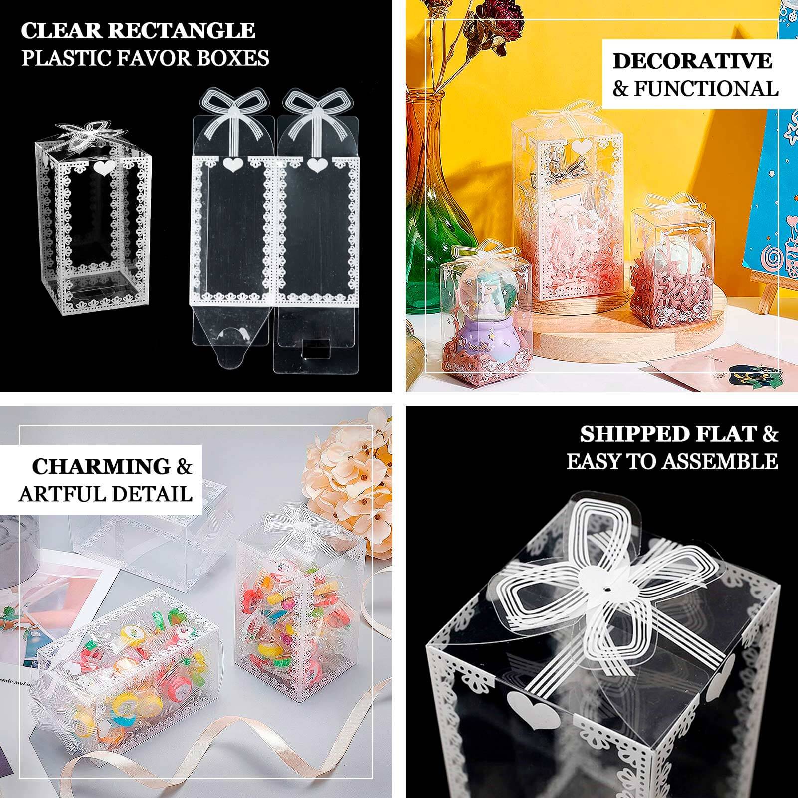 25 Pack Clear Rectangle Candy Gift Boxes With Bowknot and White Lace Pattern, 4 Transparent Plastic Party Favor Boxes - 2x2x4