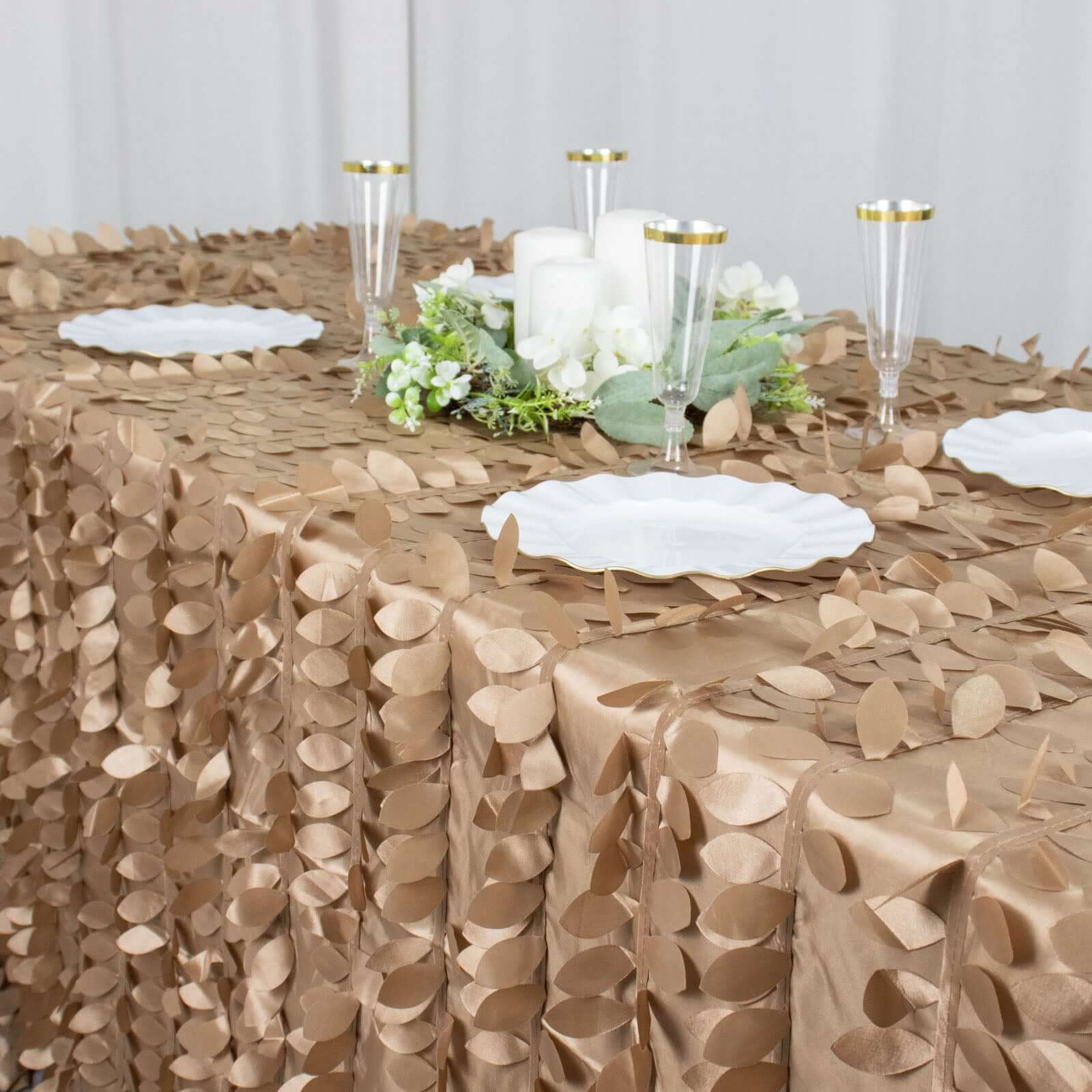 Taffeta 90x132 Rectangle Tablecloth Taupe | 3D Leaf Petal Design Seamless Table Cover