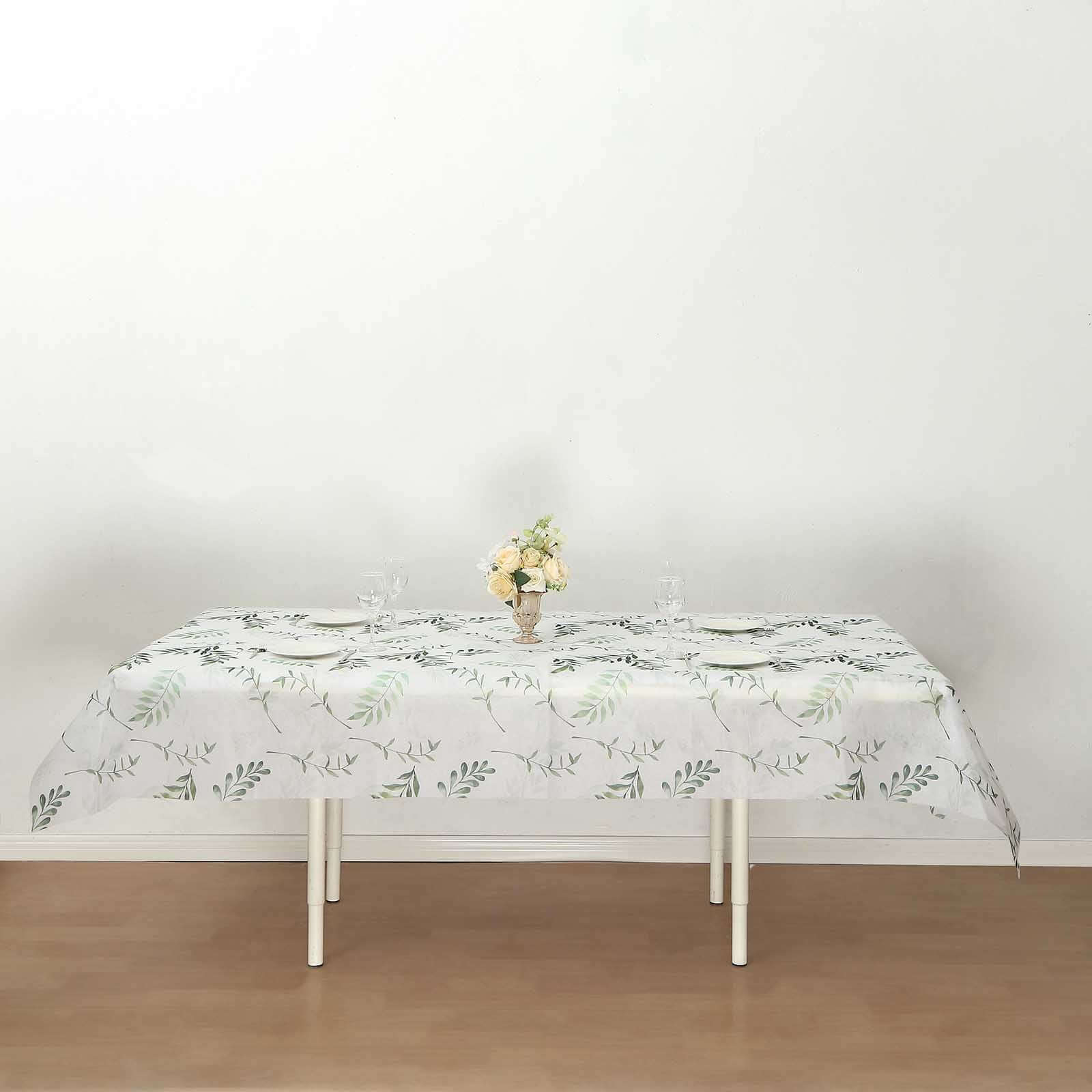 Non-Woven Tablecloth Rectangle White/Green with Olive Leaves Print - Perfect Disposable Table Cover for Summer 60x102