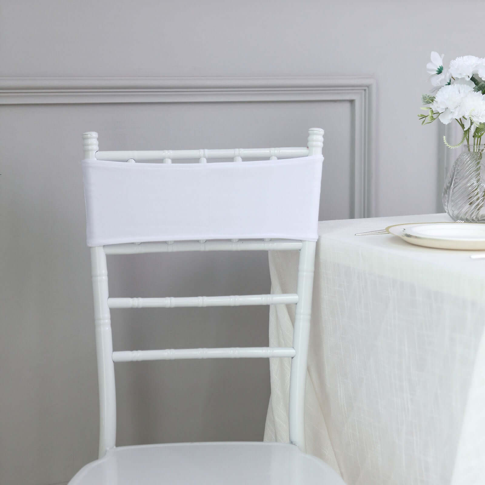 5 Pack Stretch Spandex Chair Sashes White - Classy Reusable Chair Bands with Silver Diamond Ring Slide Buckle 5x14