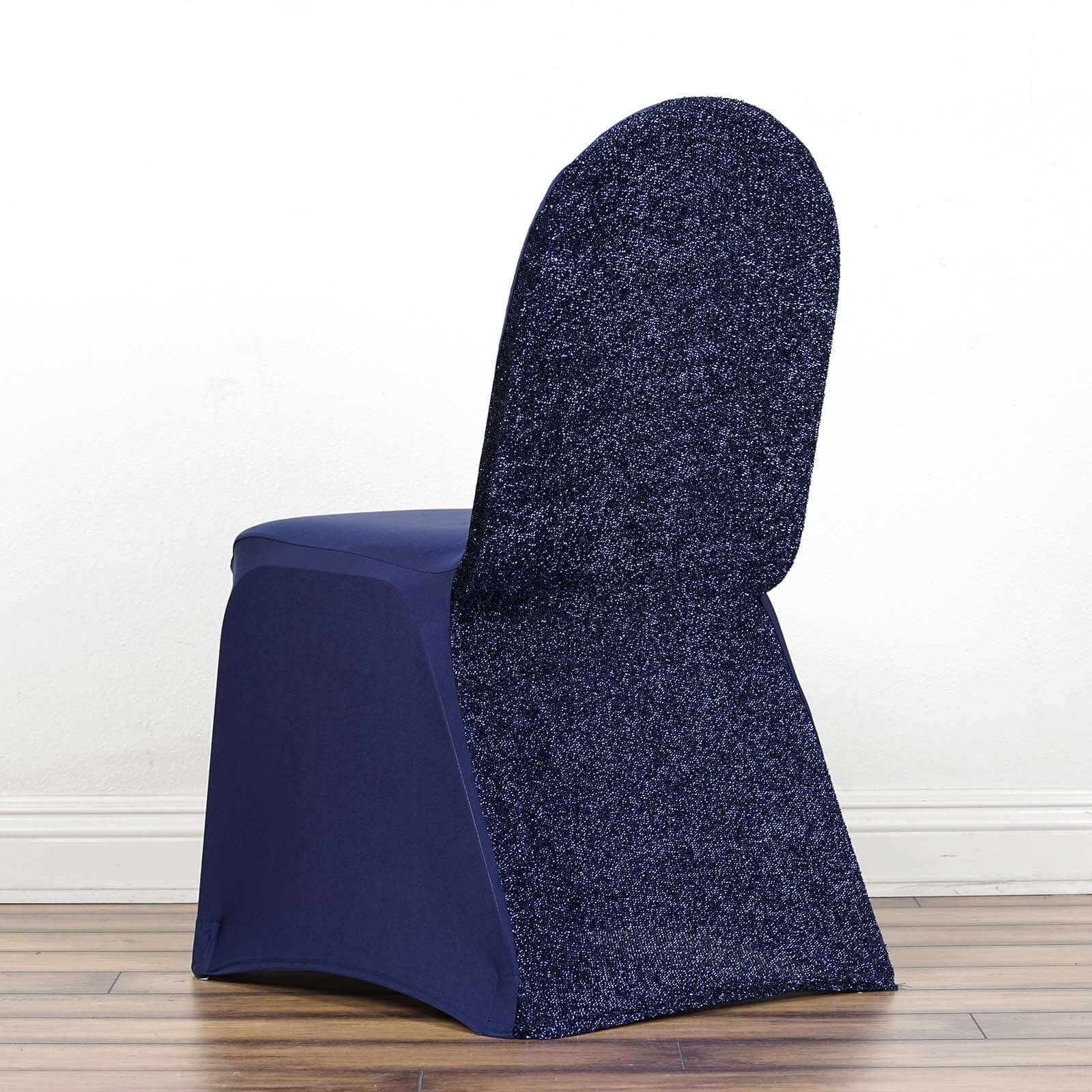 Spandex Chair Cover with Metallic Shimmer Tinsel Back for Banquet Chairs Navy Blue - Fitted Slipcover